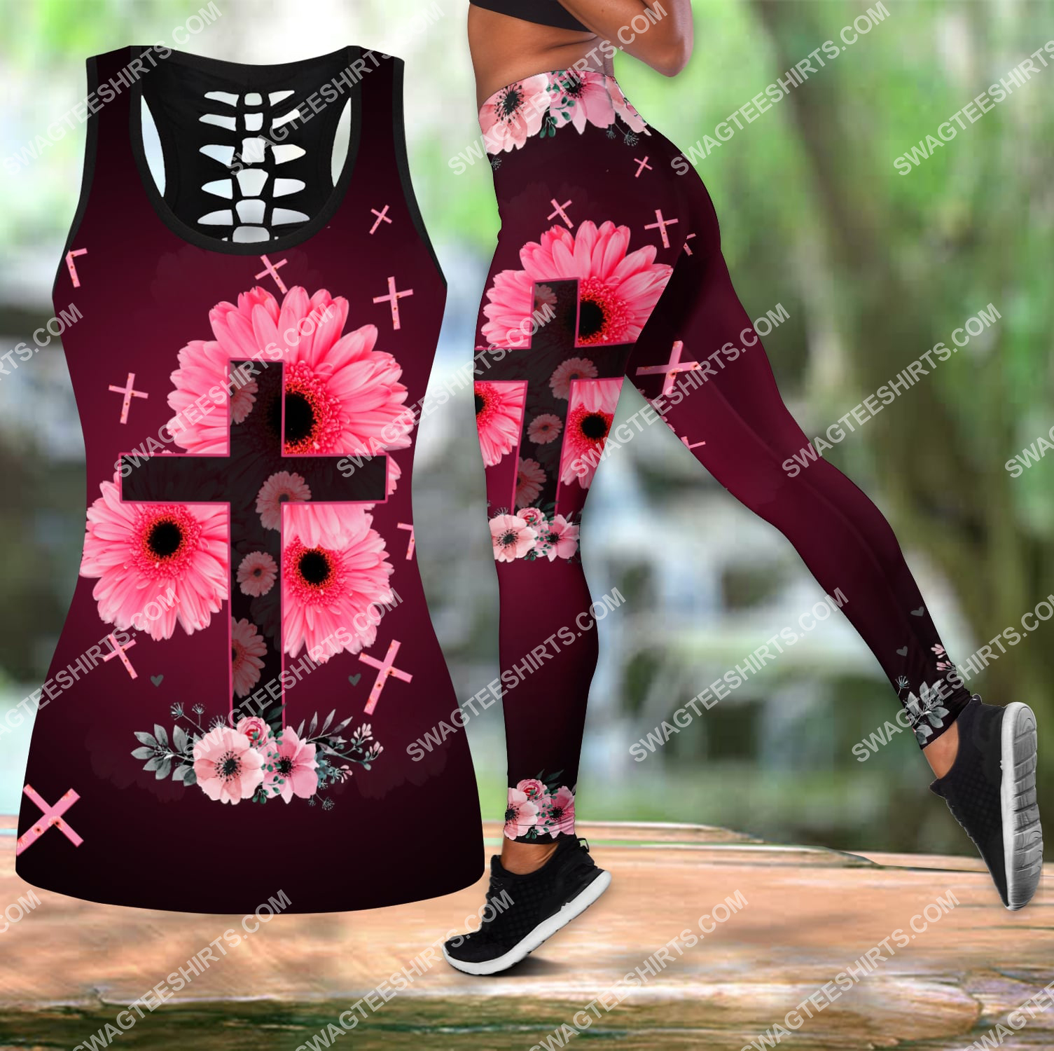 Cross and flower all over printed set sports outfit 3 - Copy (2)