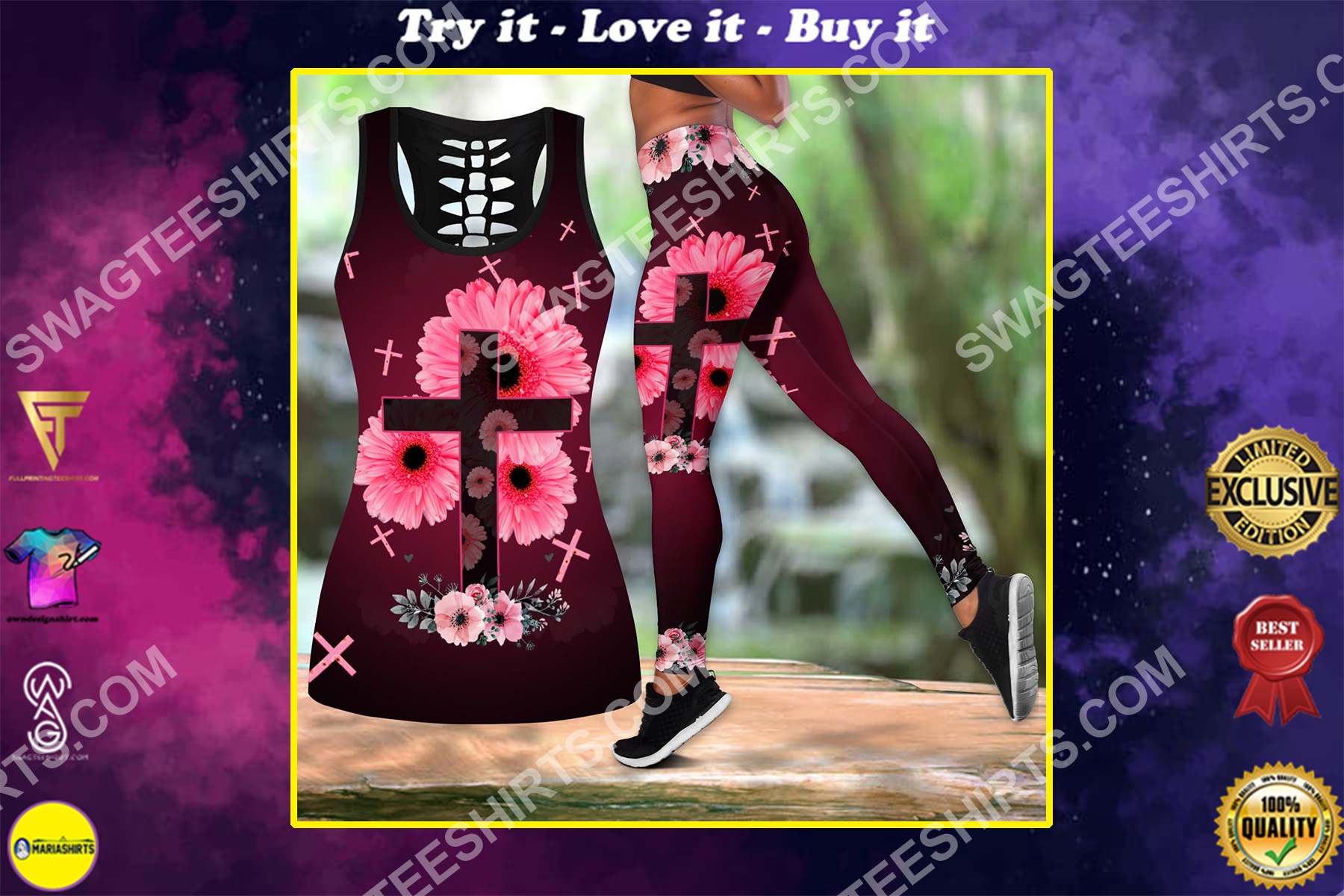 Cross and flower all over printed set sports outfit