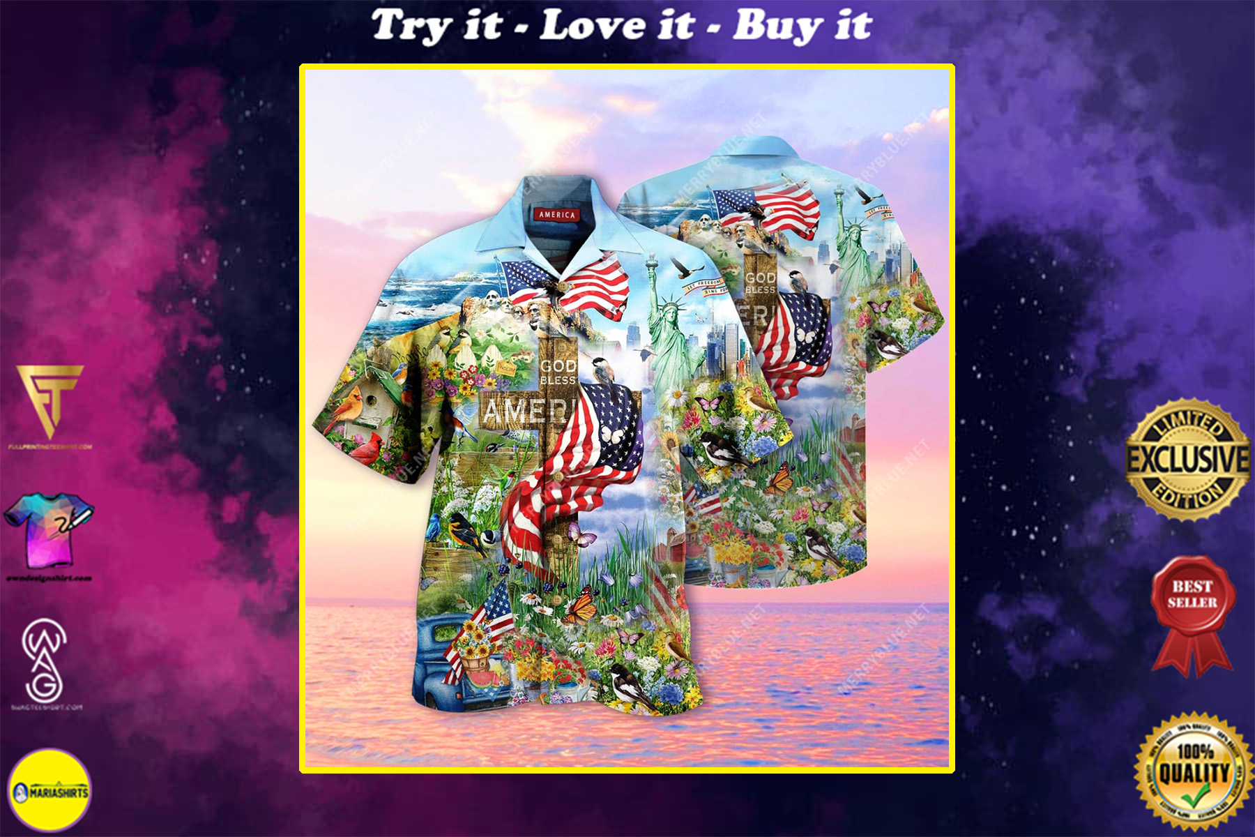 God bless american all over printed hawaiian shirt