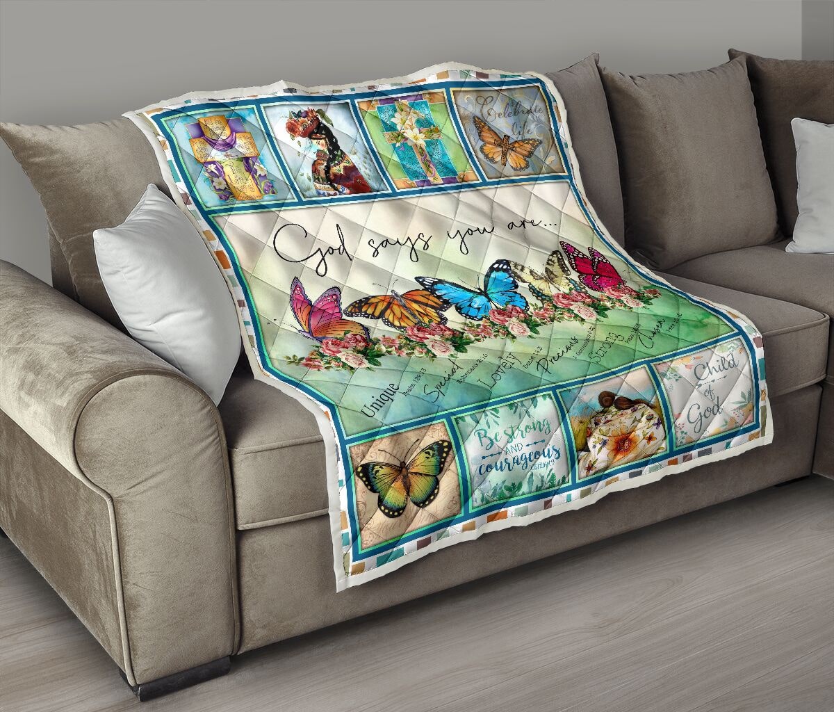 God say you are cross butterfly floral full printing quilt 3