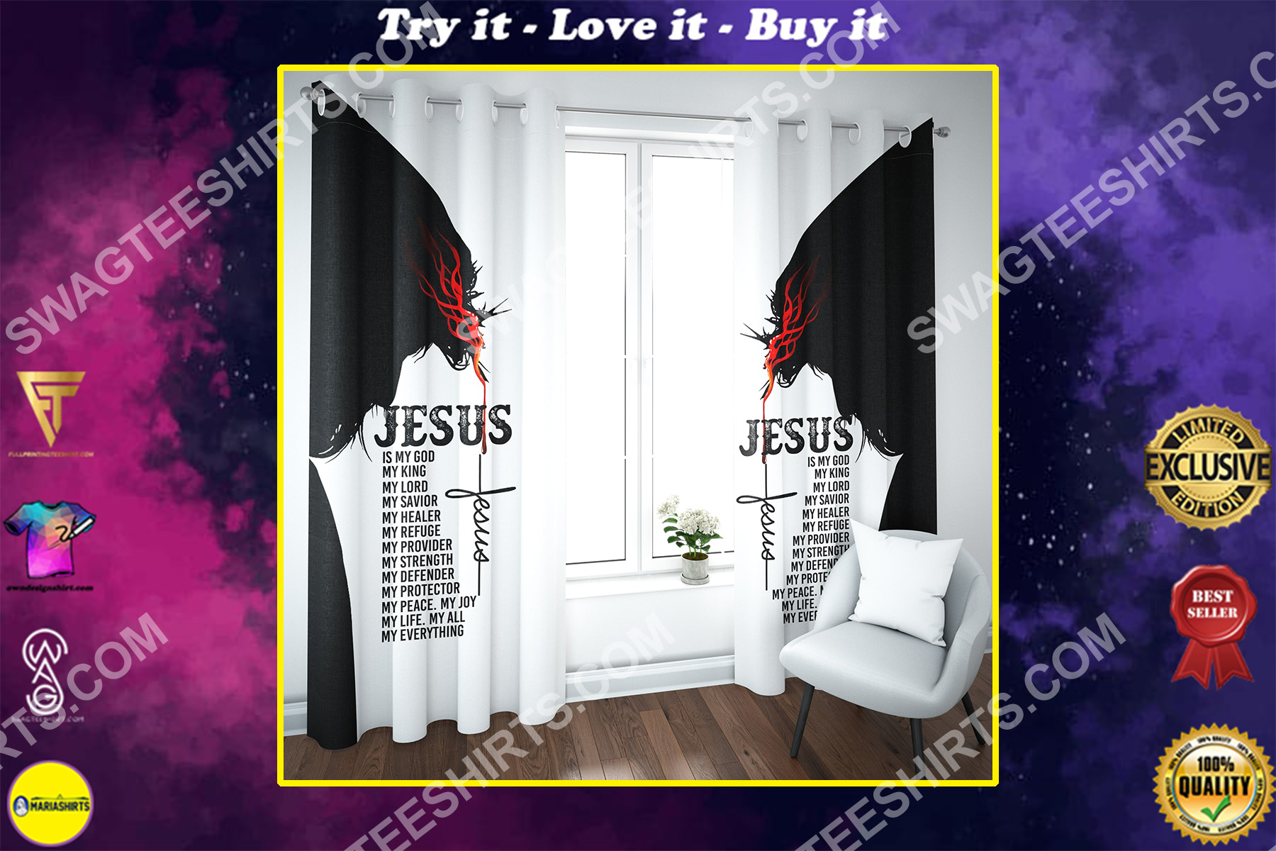 Jesus is my king all over printed window curtains
