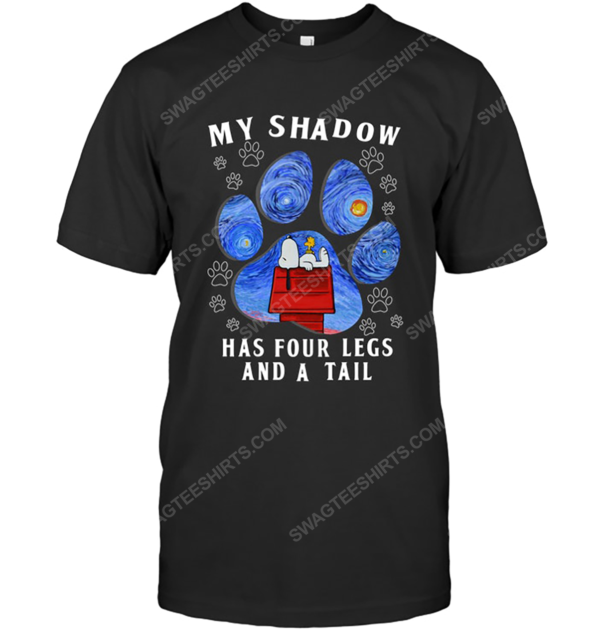 The starry night snoopy my shadow has 4 legs and a tail tshirt 1