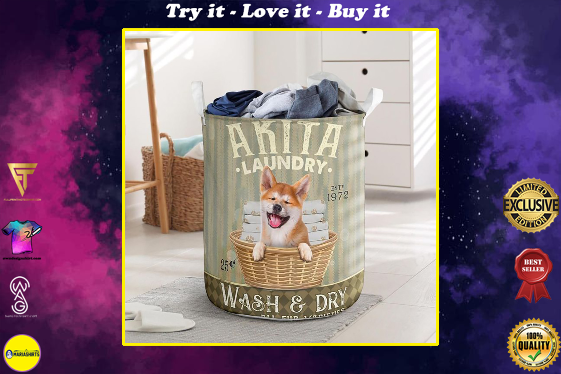 akita dog all over printed laundry basket