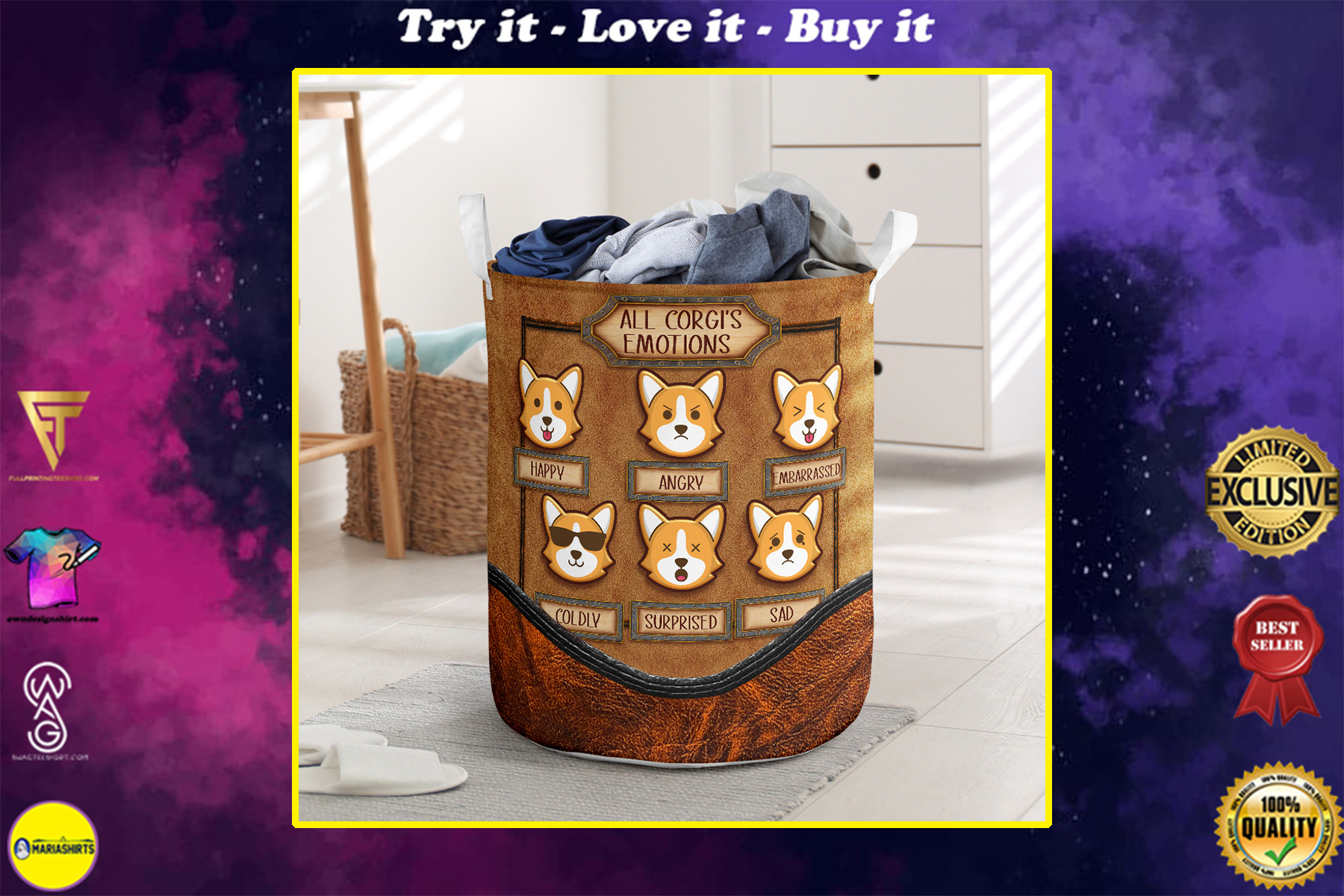 all corgis emotions all over printed laundry basket