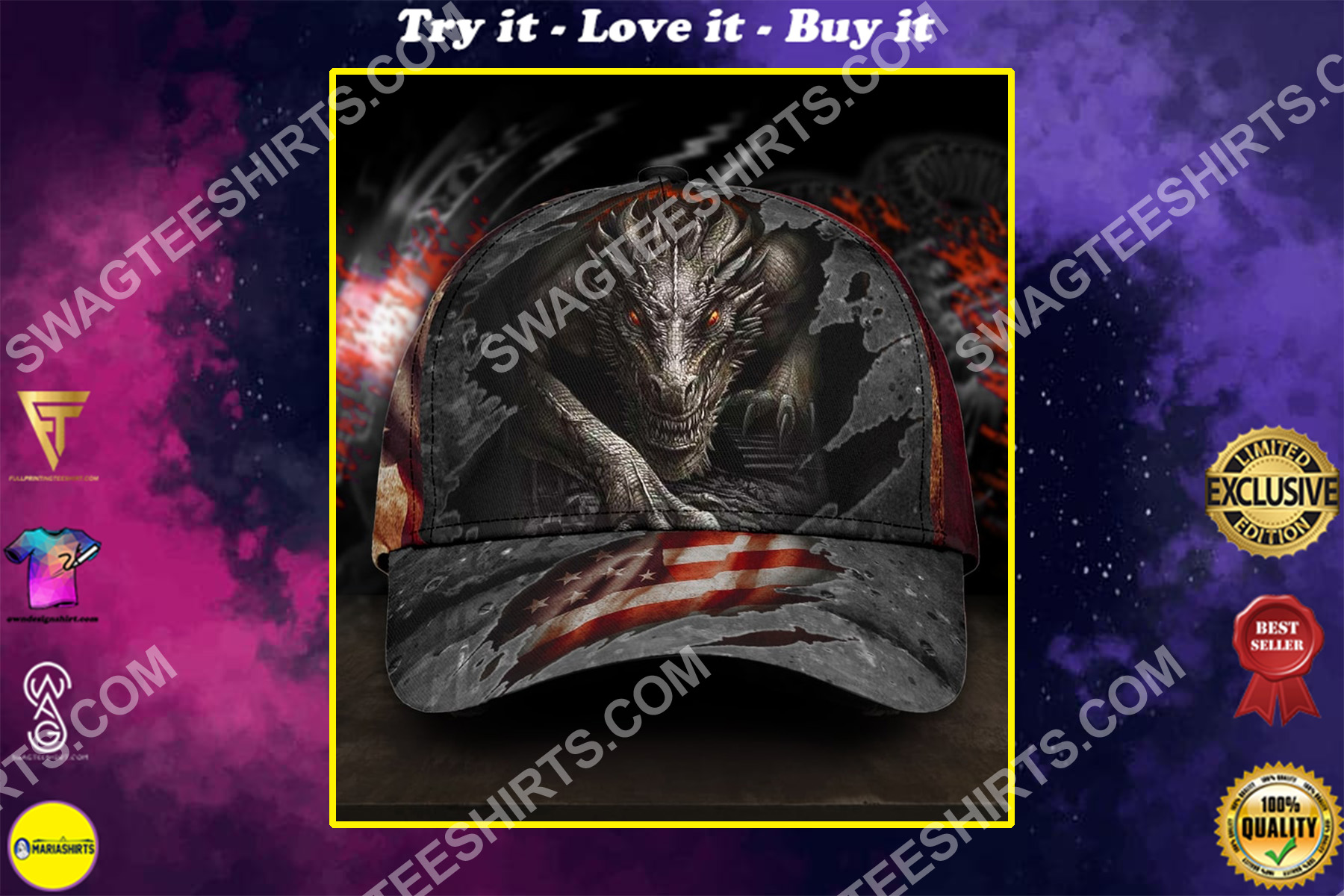 america flag and dragon all over printed classic cap