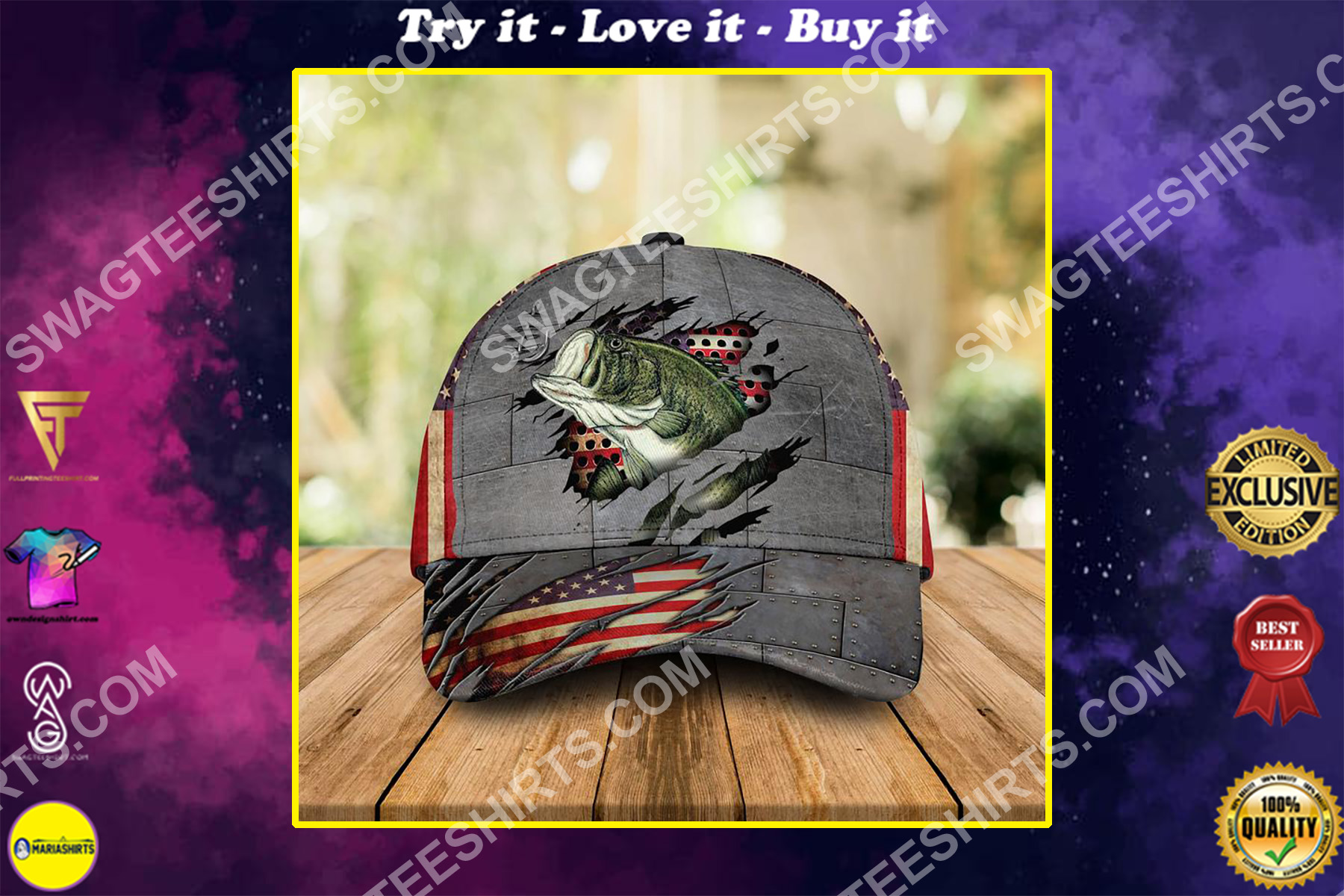 america flag and fishing camo all over printed classic cap