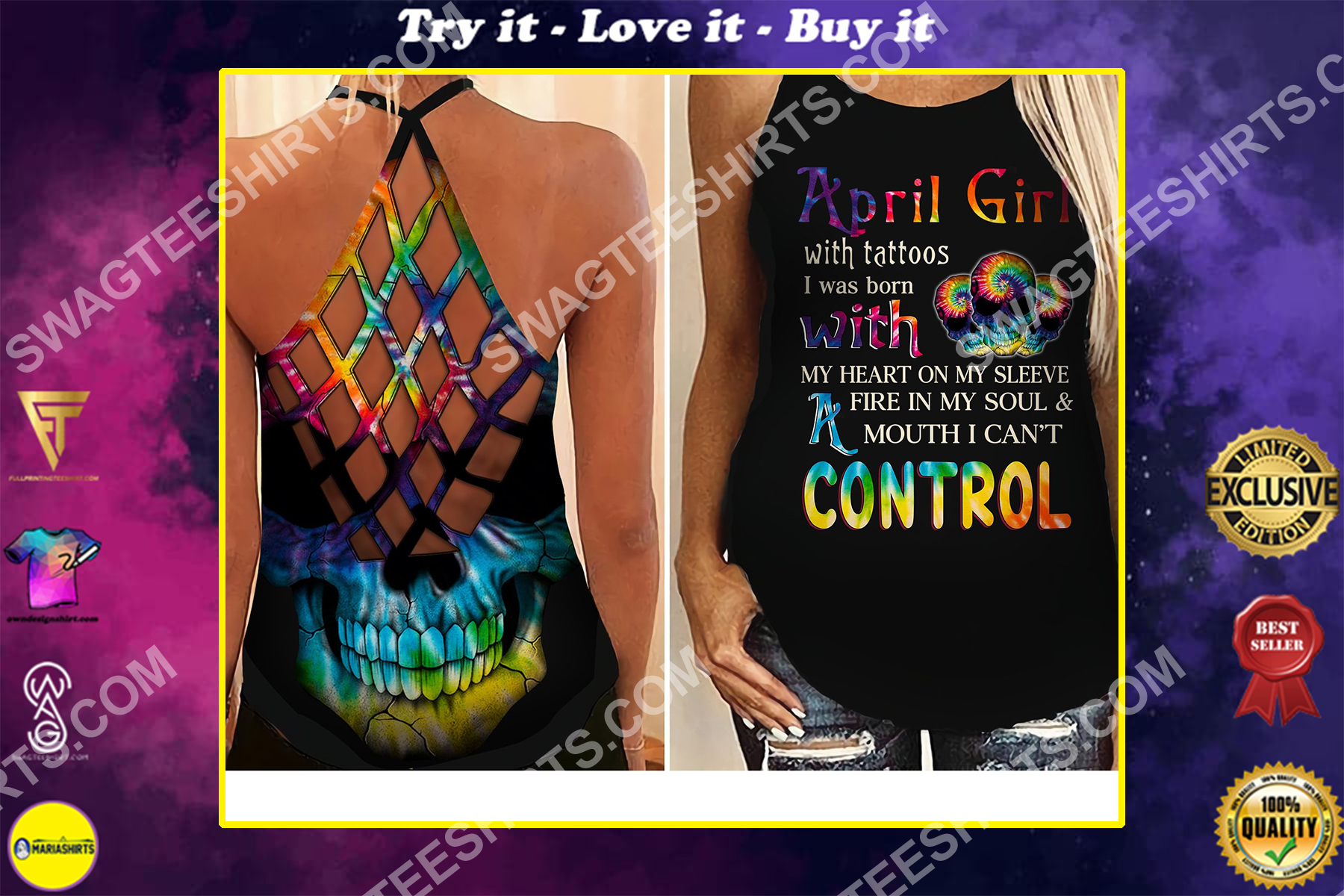 april girl with tattoos all over printed strappy back tank top
