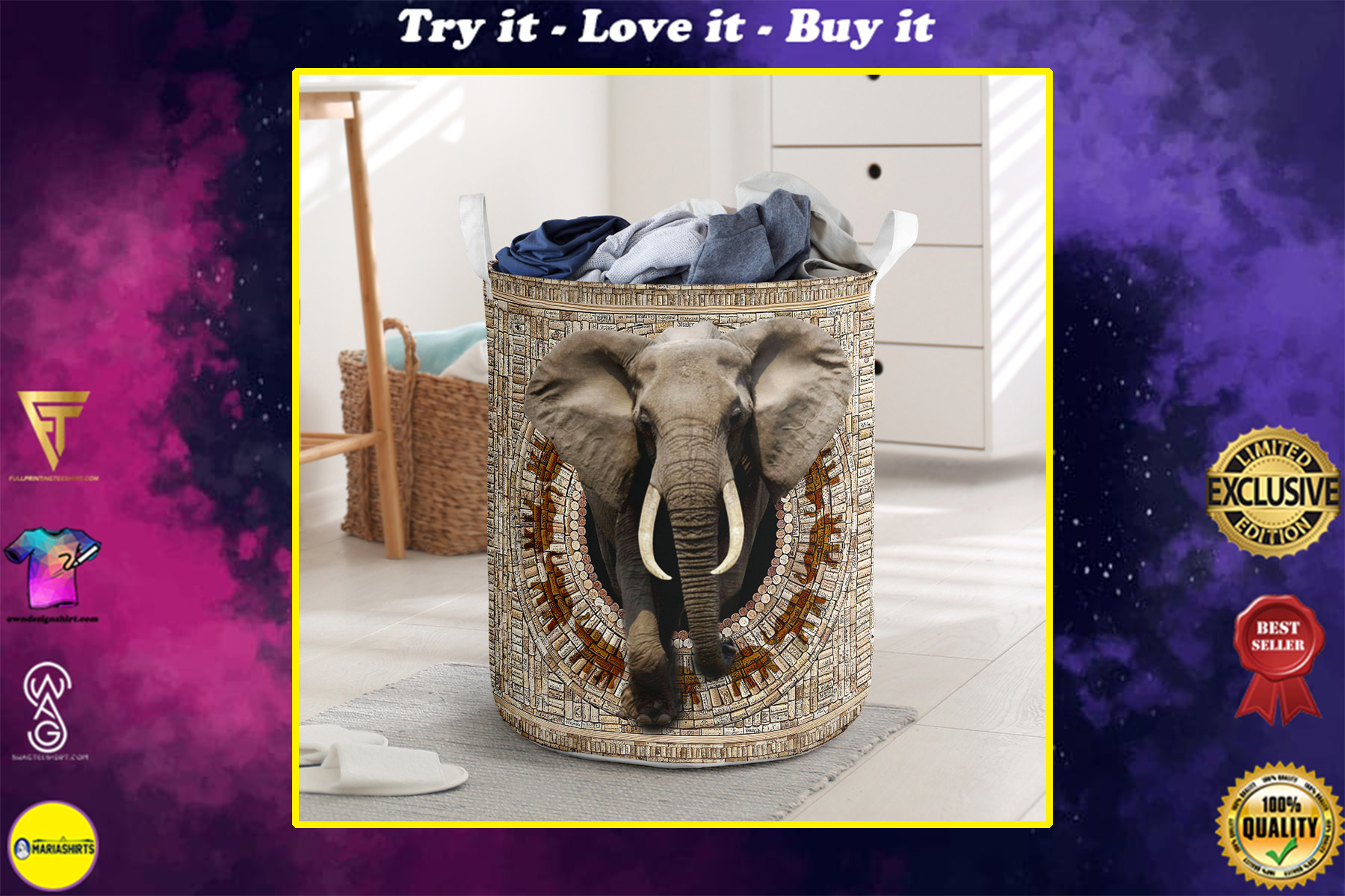 bamboo elephant all over printed laundry basket