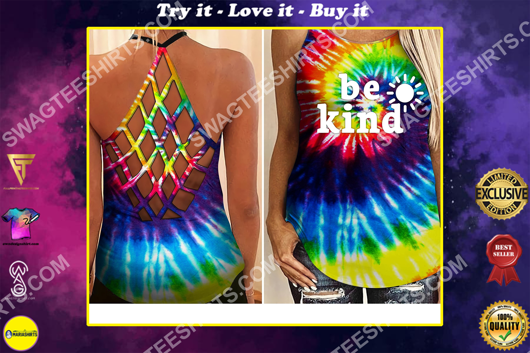 be kind hippie tie dye all over printed strappy back tank top