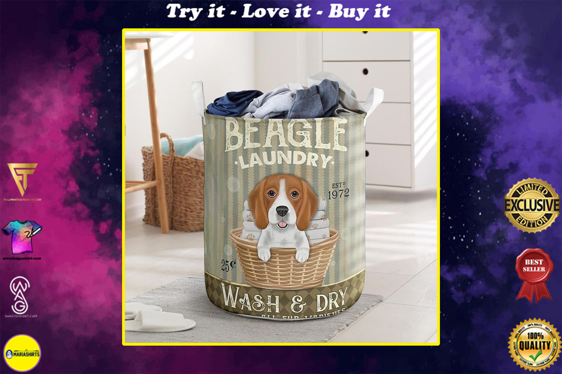 beagle wash and dry all over print laundry basket