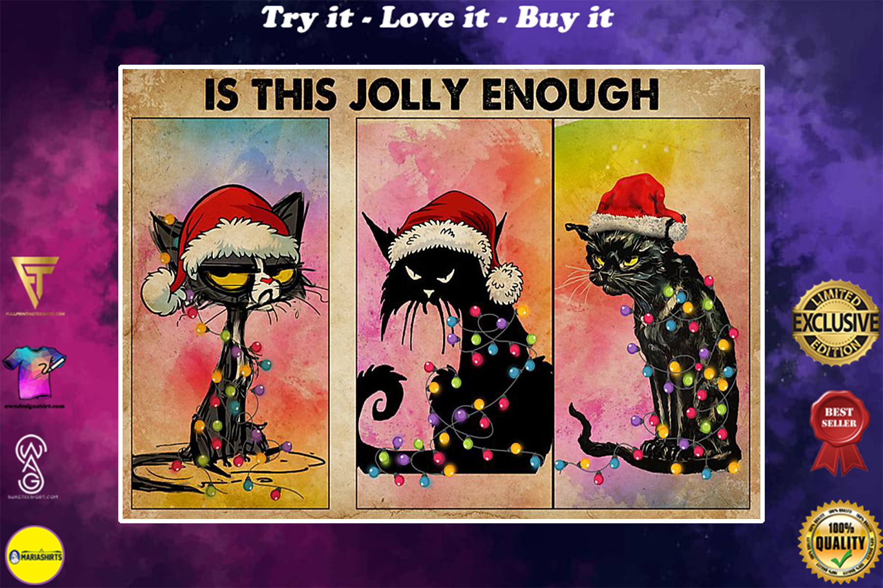 black cat christmas light is this jolly enough poster