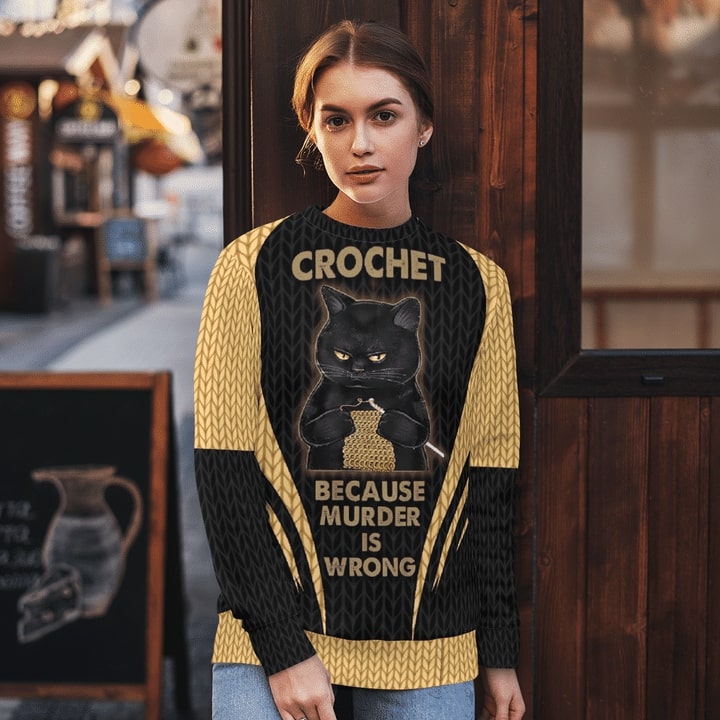 black cat crochet because murder is wrong full printing sweater 1