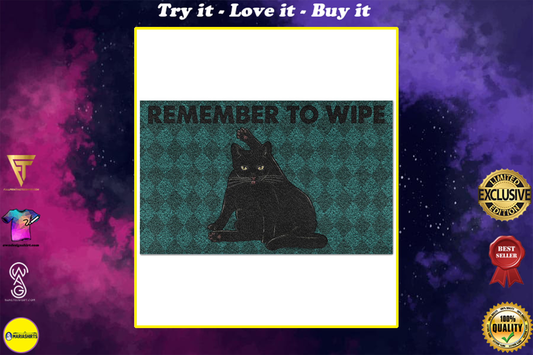 black cat remember to wipe full printing doormat