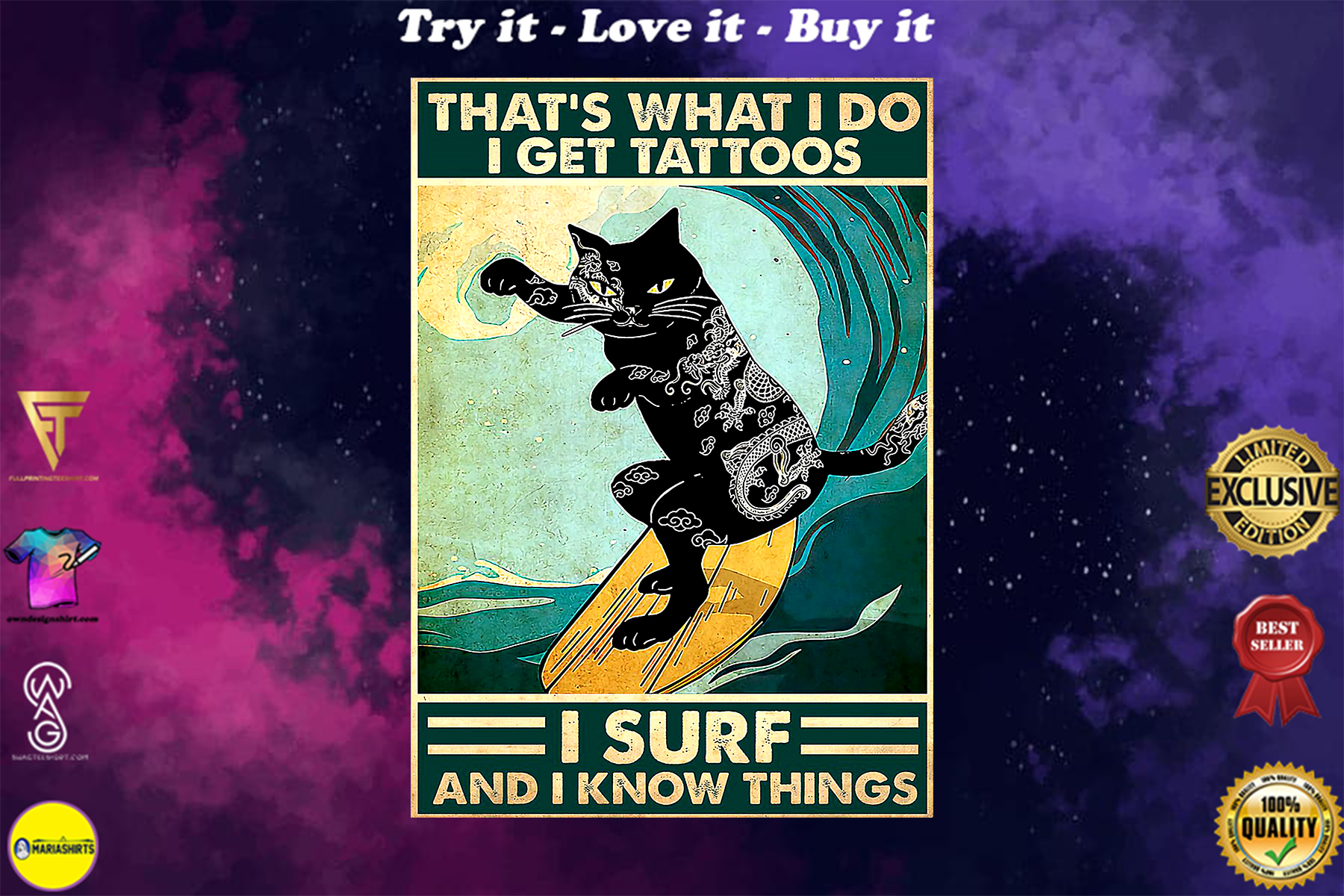 black cat thats what i do i get tattoos i surf and i know things surfing vintage poster