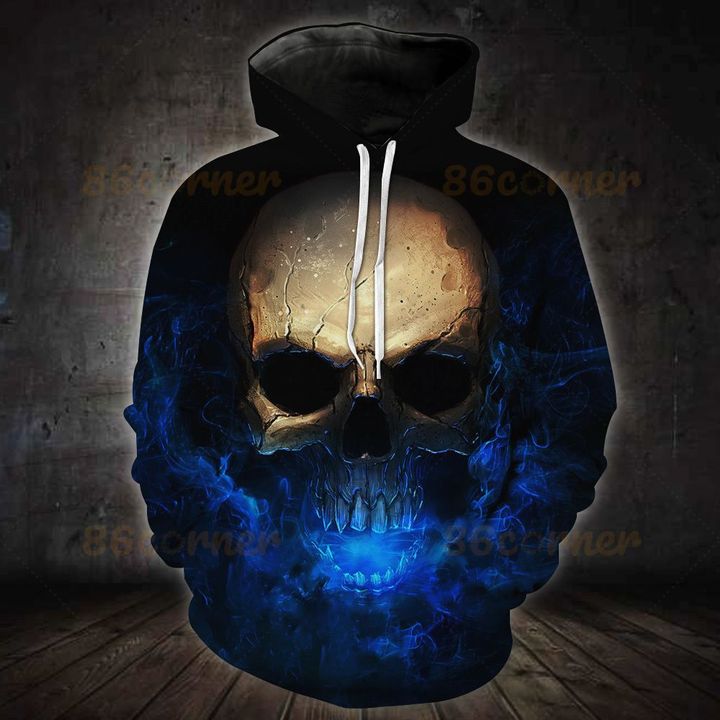 blue skull on fire all over printed hoodie