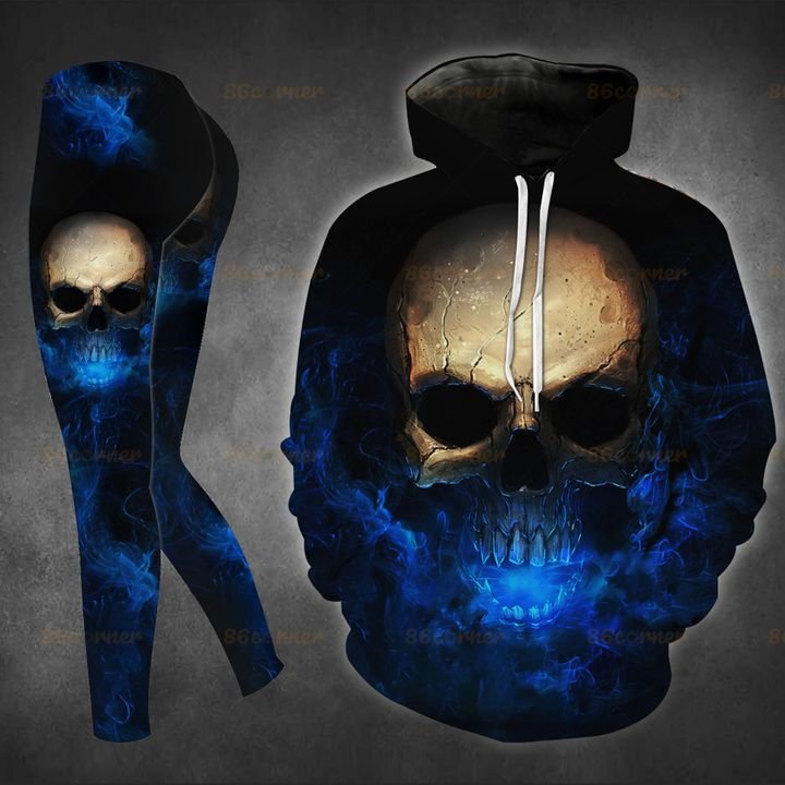 blue skull on fire all over printed legging