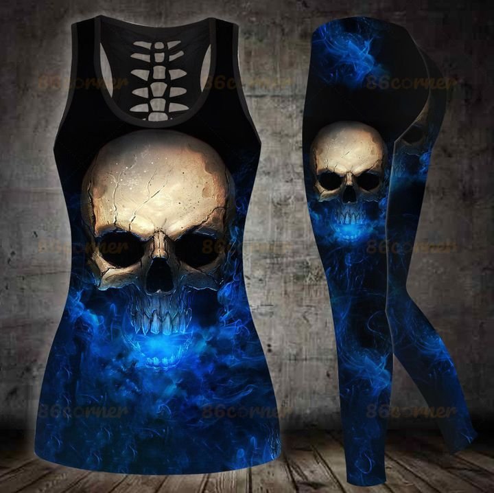 blue skull on fire all over printed shirt 3