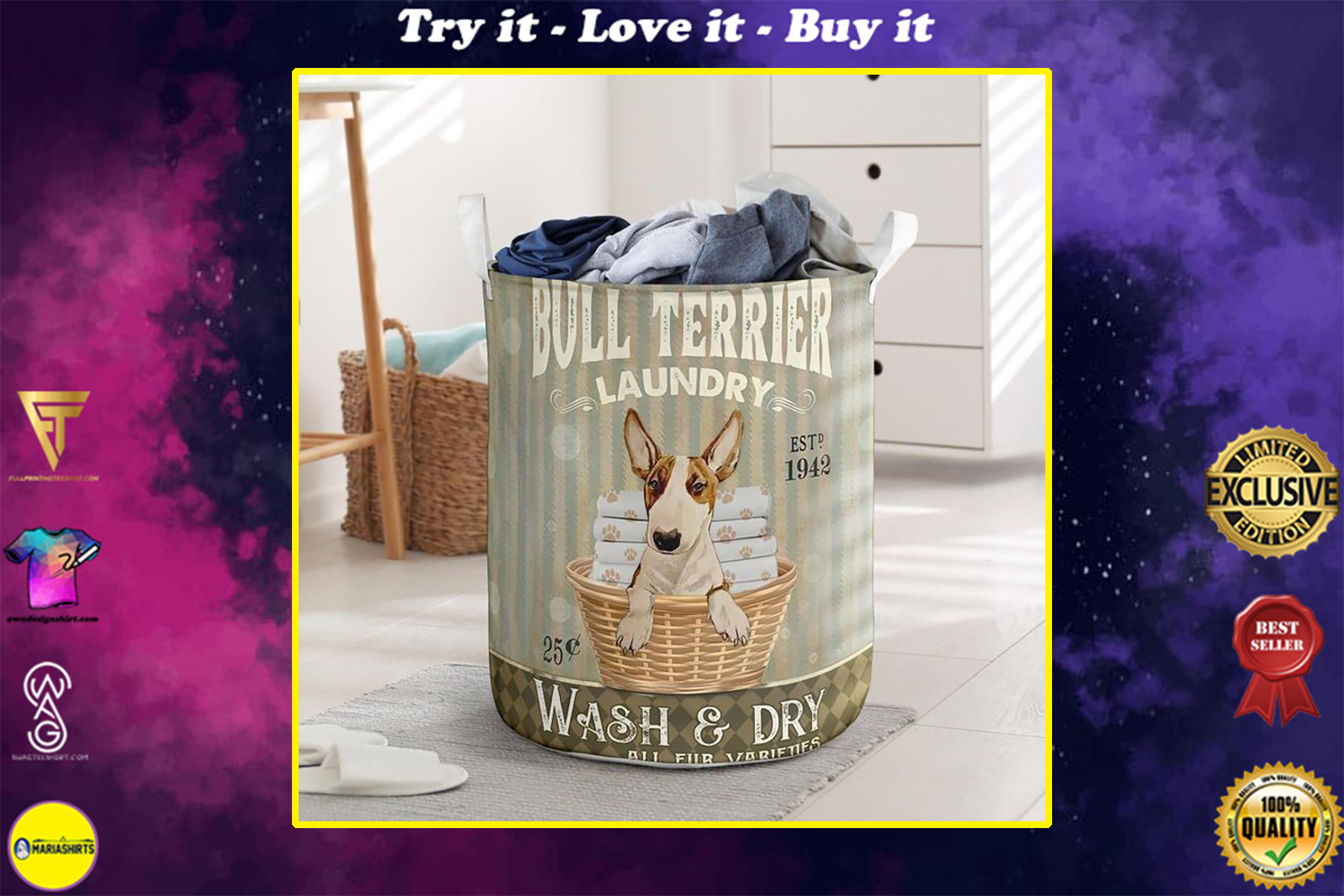 bull terier wash and dry all over print laundry basket