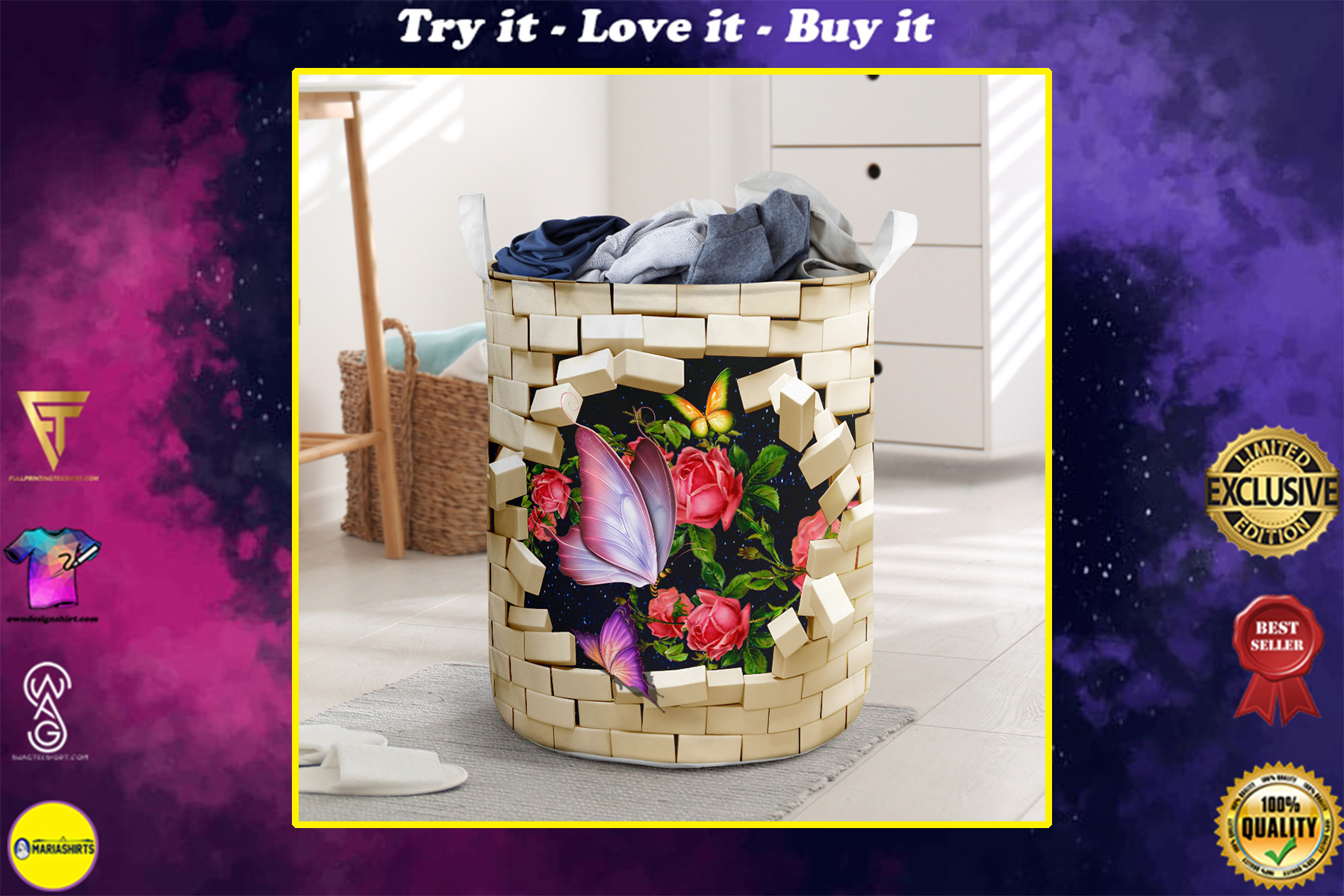 butterfly brick wall all over printed laundry basket