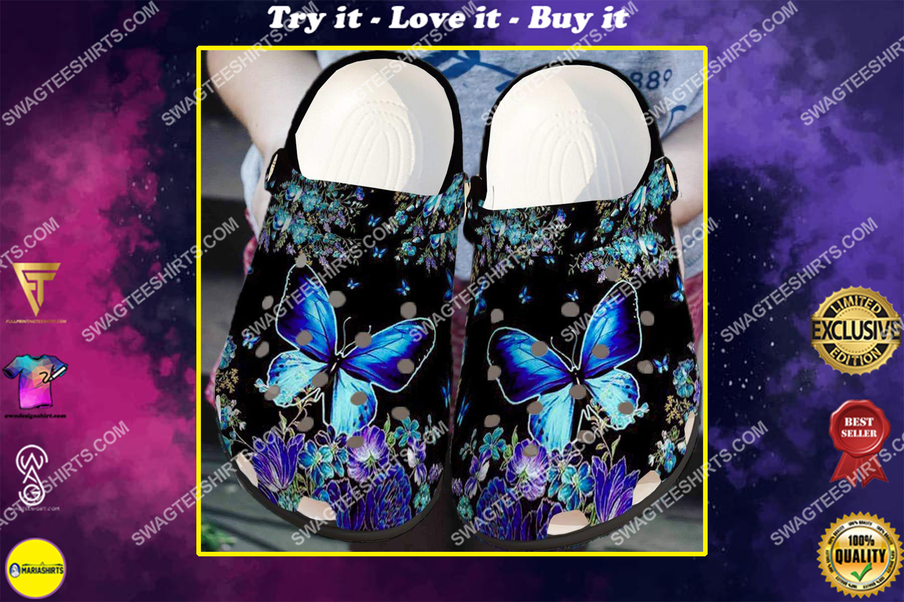 butterfly night and flower all over printed crocs