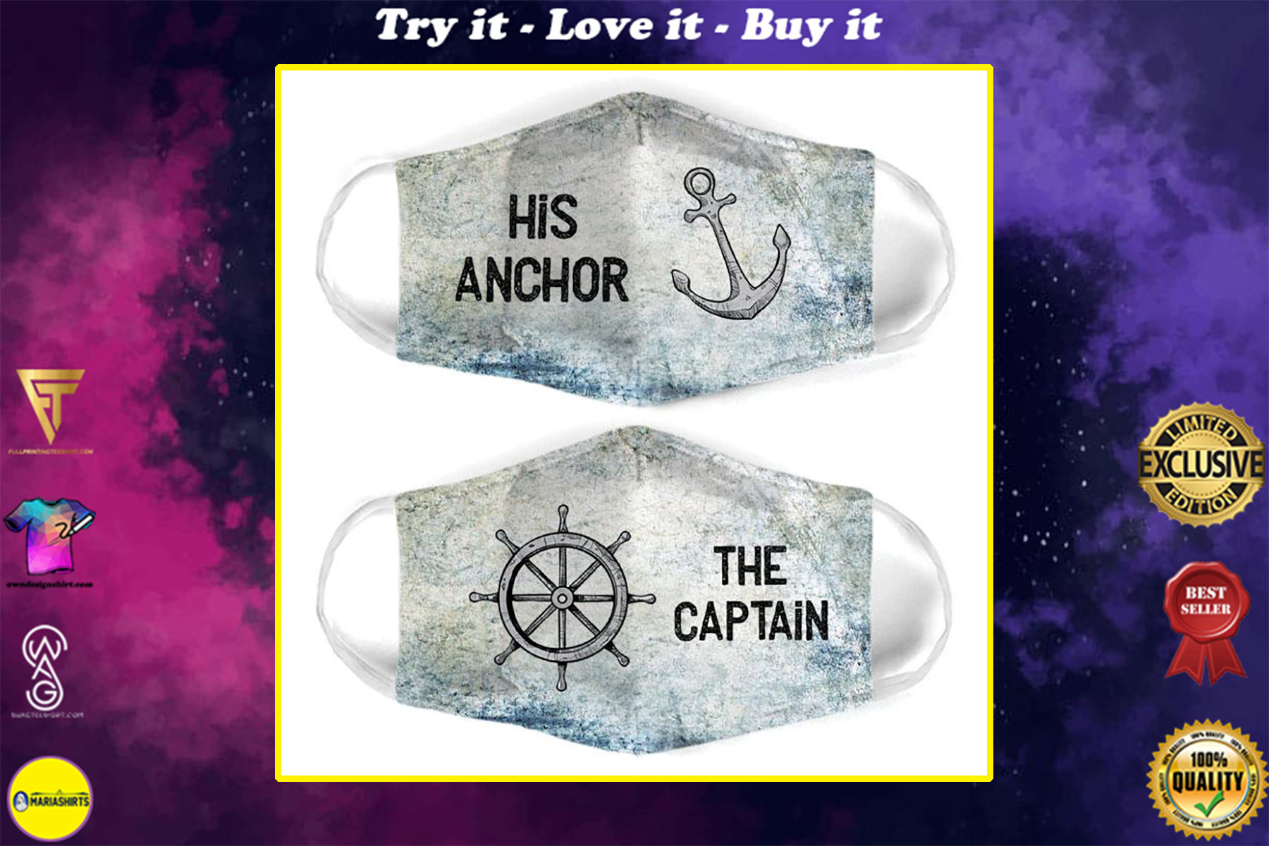 captain and anchor couple his anchor all over print face mask