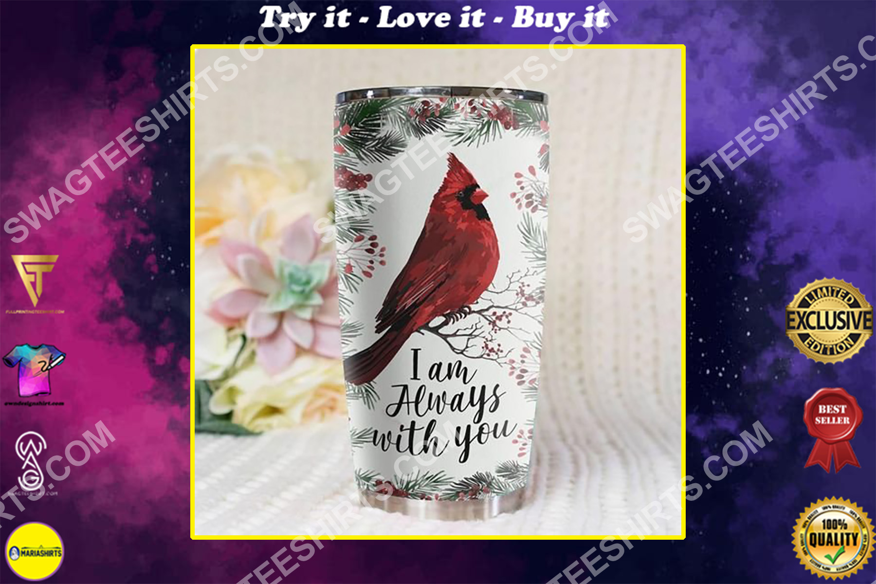 cardinal bird christmas time all over printed stainless steel tumbler
