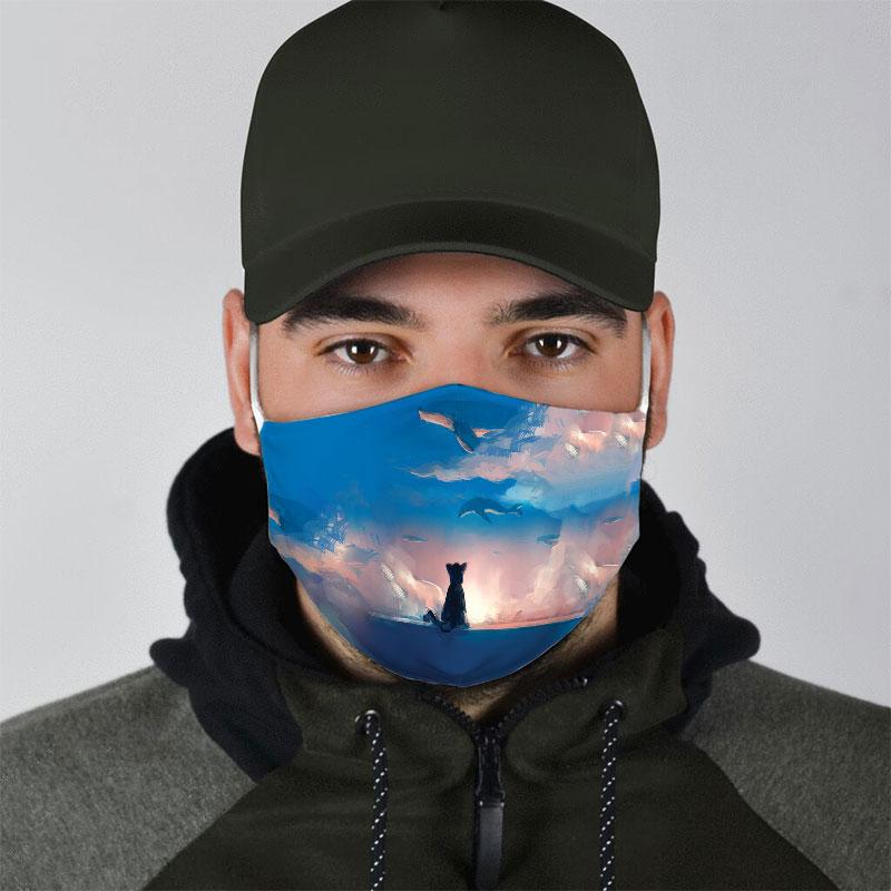 cat watching dolphin on sky all over print face mask 4
