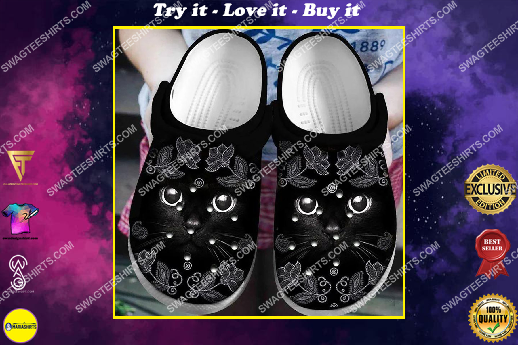 cats lover black cat all over printed crocs