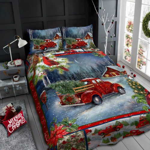 christmas red truck and cardinal all over print bedding set 2
