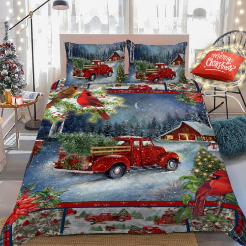 christmas red truck and cardinal all over print bedding set 4