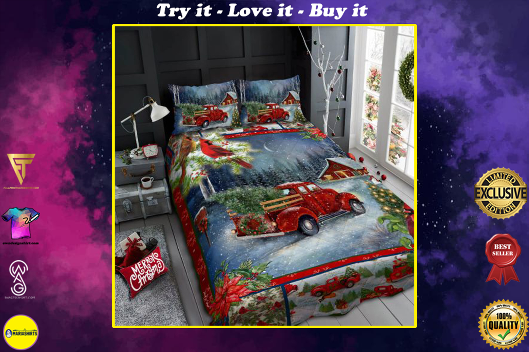 christmas red truck and cardinal all over print bedding set
