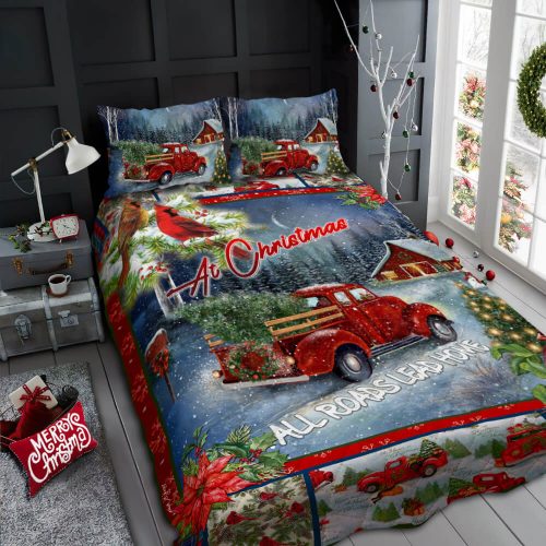 christmas red truck at christmas all roads lead home bedding set 2