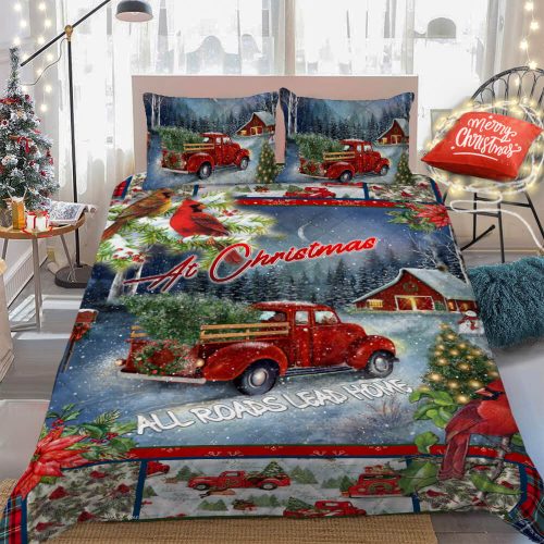 christmas red truck at christmas all roads lead home bedding set 5