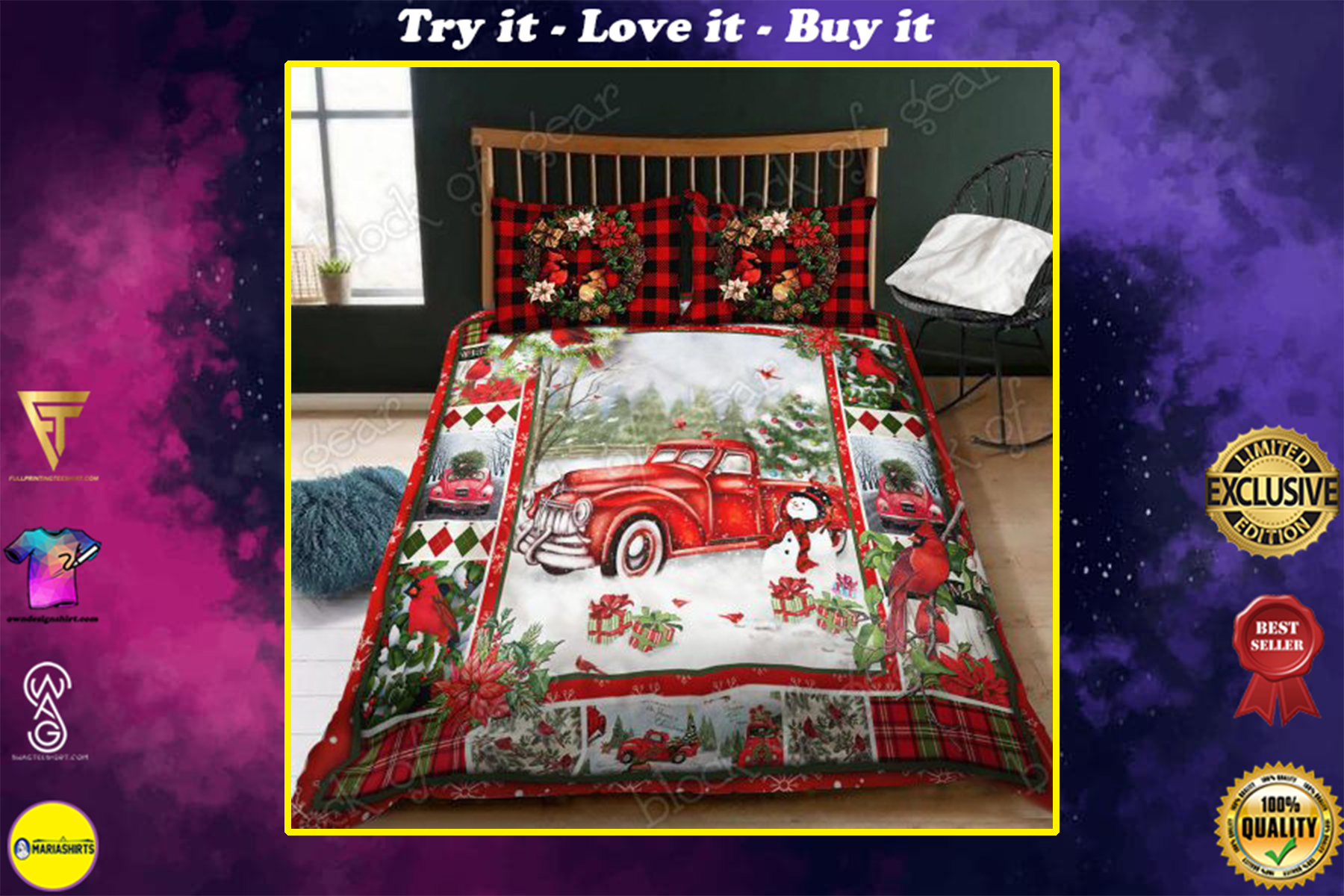 christmas red truck snowy cardinals full printing bedding set