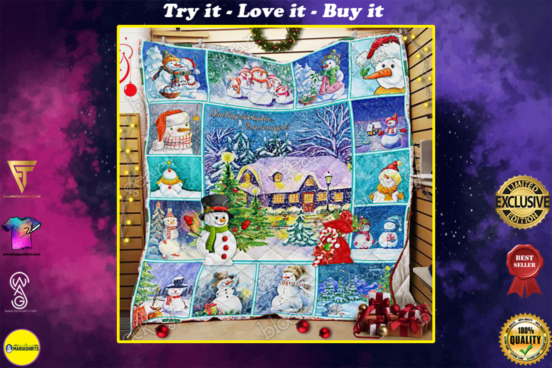 christmas snowman when things stick together all over print quilt