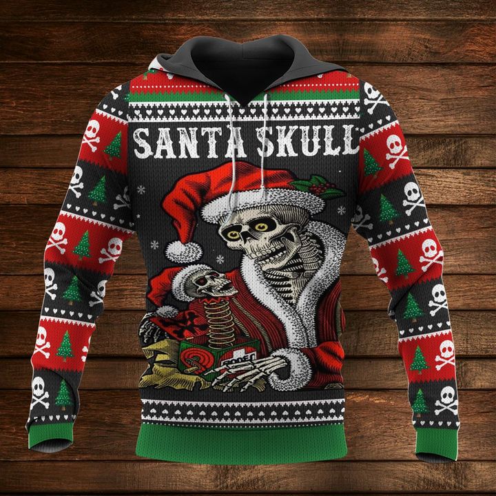 christmas time and santa skull full printing hoodie 1