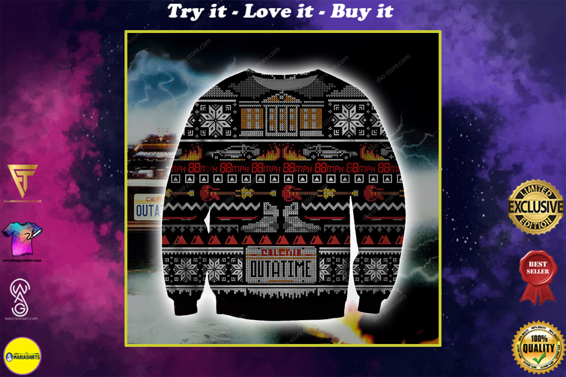 christmas time back to the future all over printed ugly christmas sweater