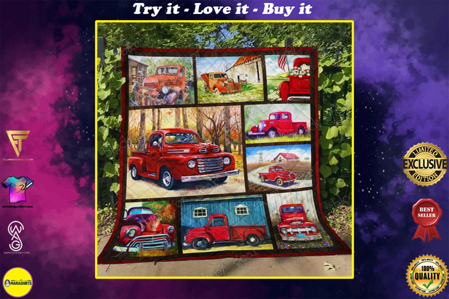 christmas time red pickup truck all over print quilt
