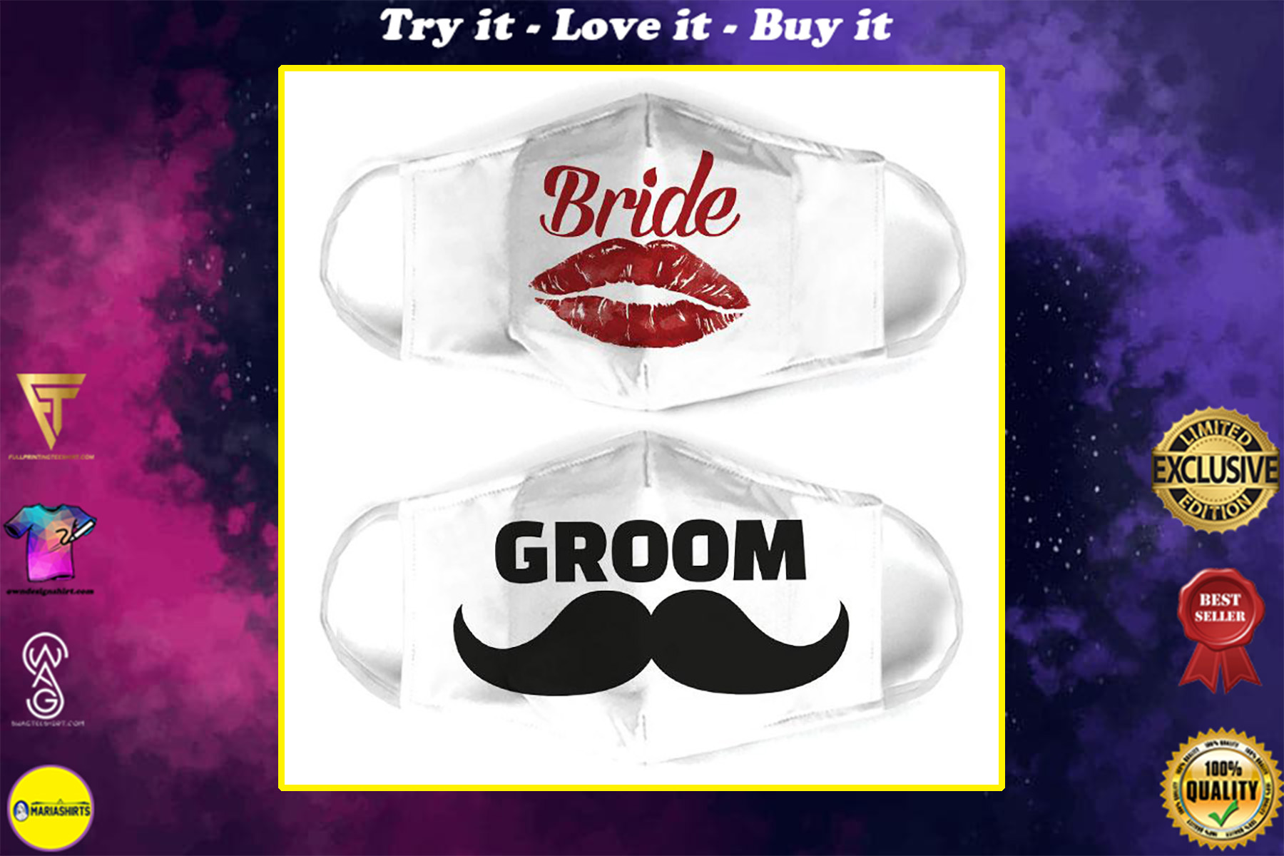 couple love bride and groom all over print face mask