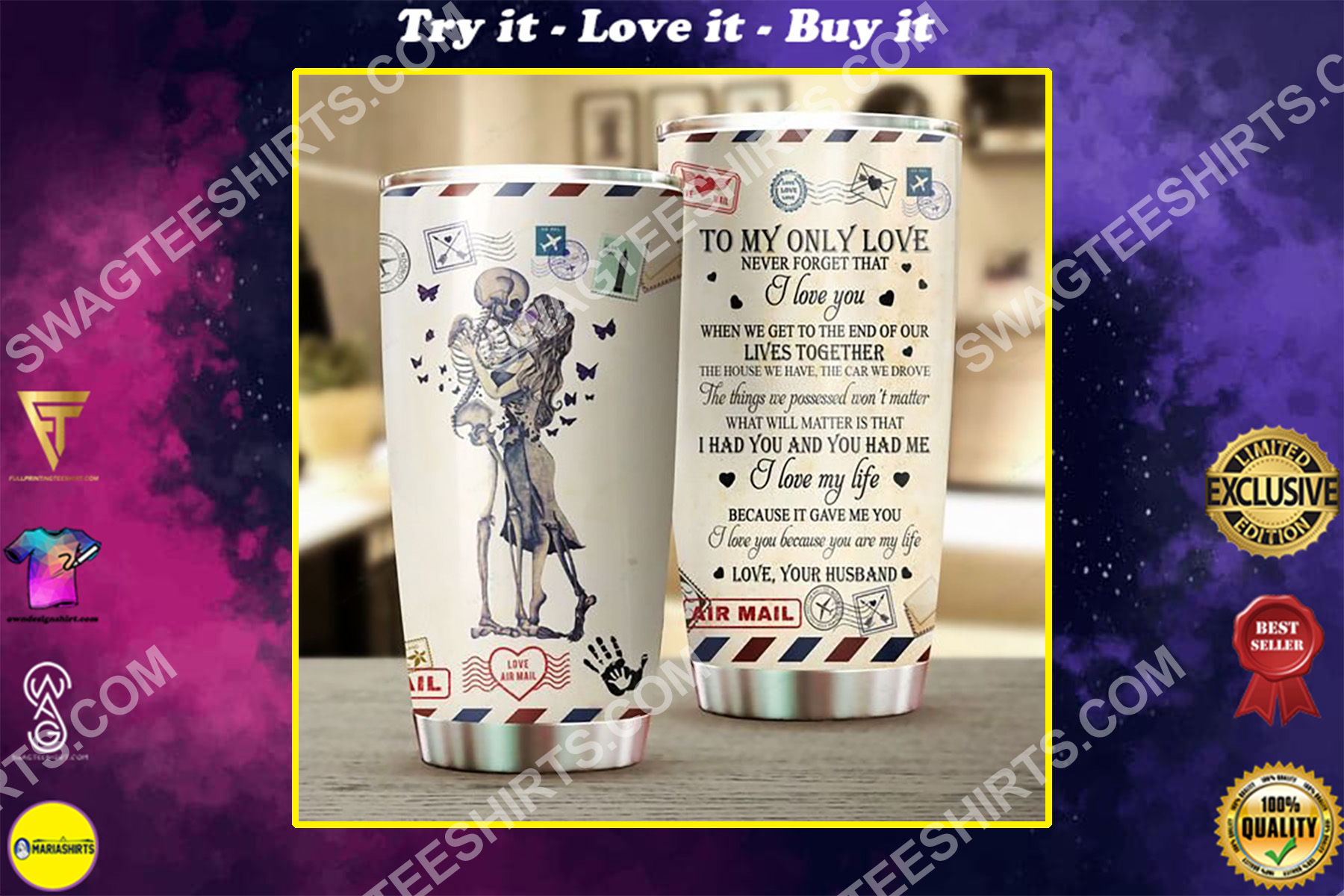 couple skull to my only love your husband all over printed stainless steel tumbler