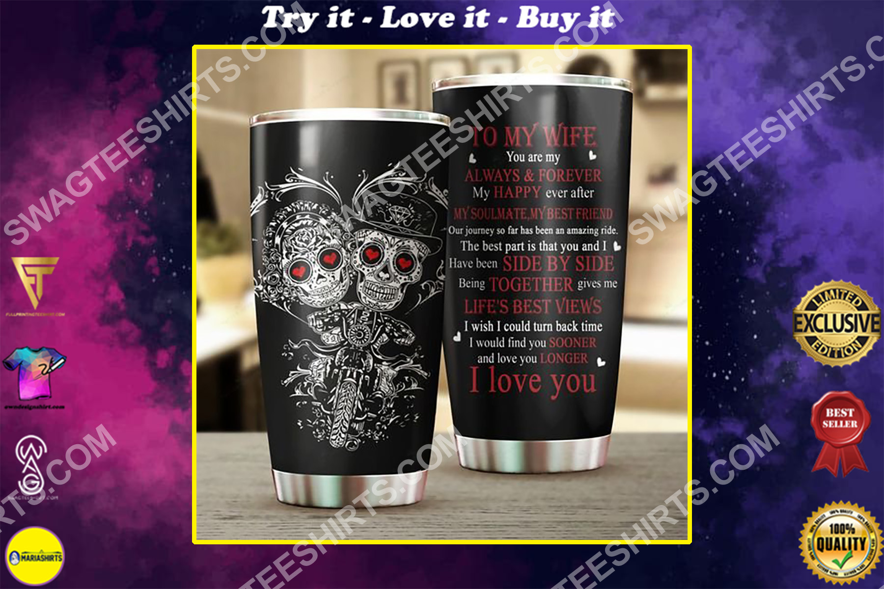 couple skull to my wife i love you all over printed stainless steel tumbler