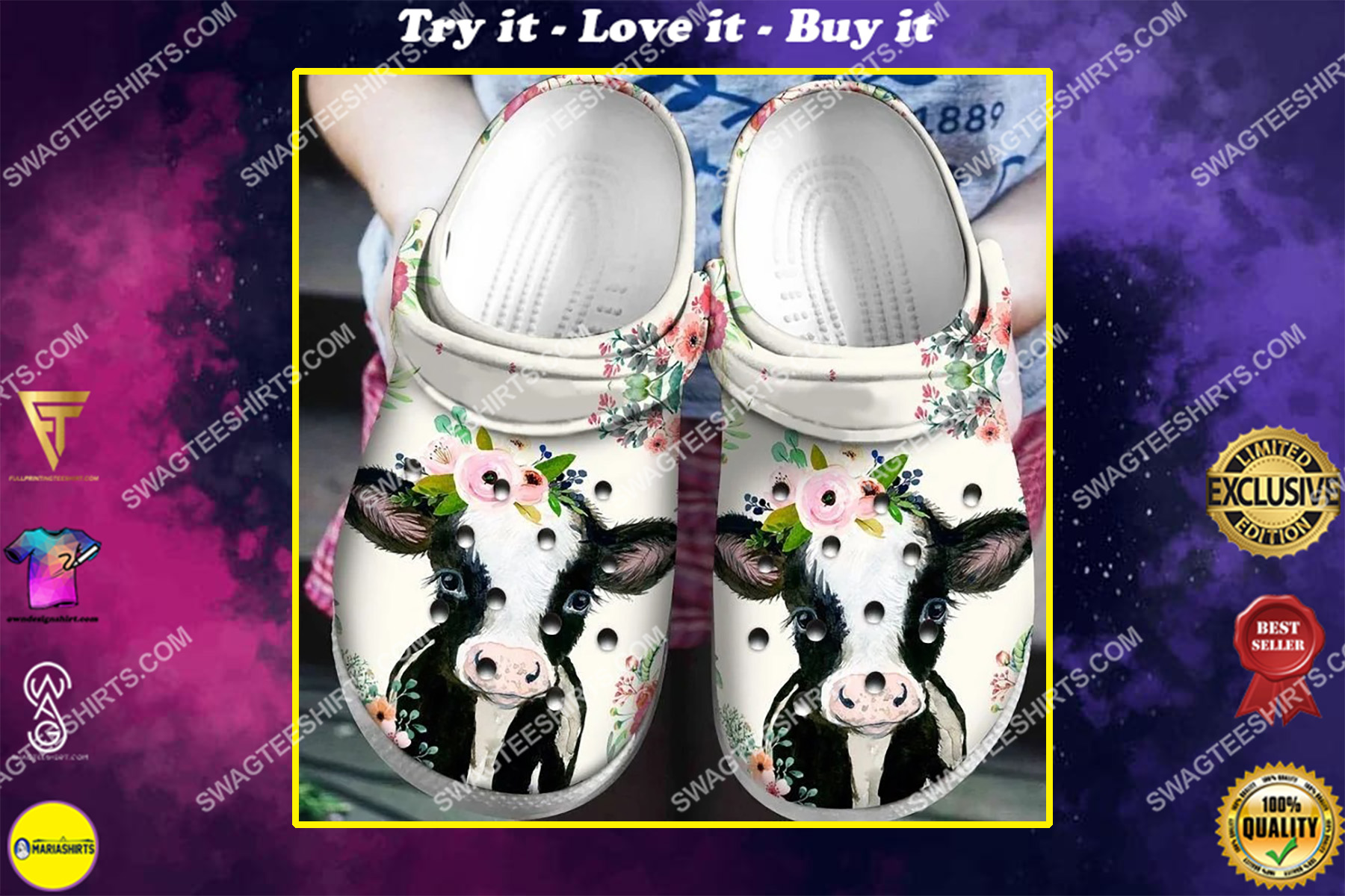 cow and flowers ​all over printed crocs crocband clog