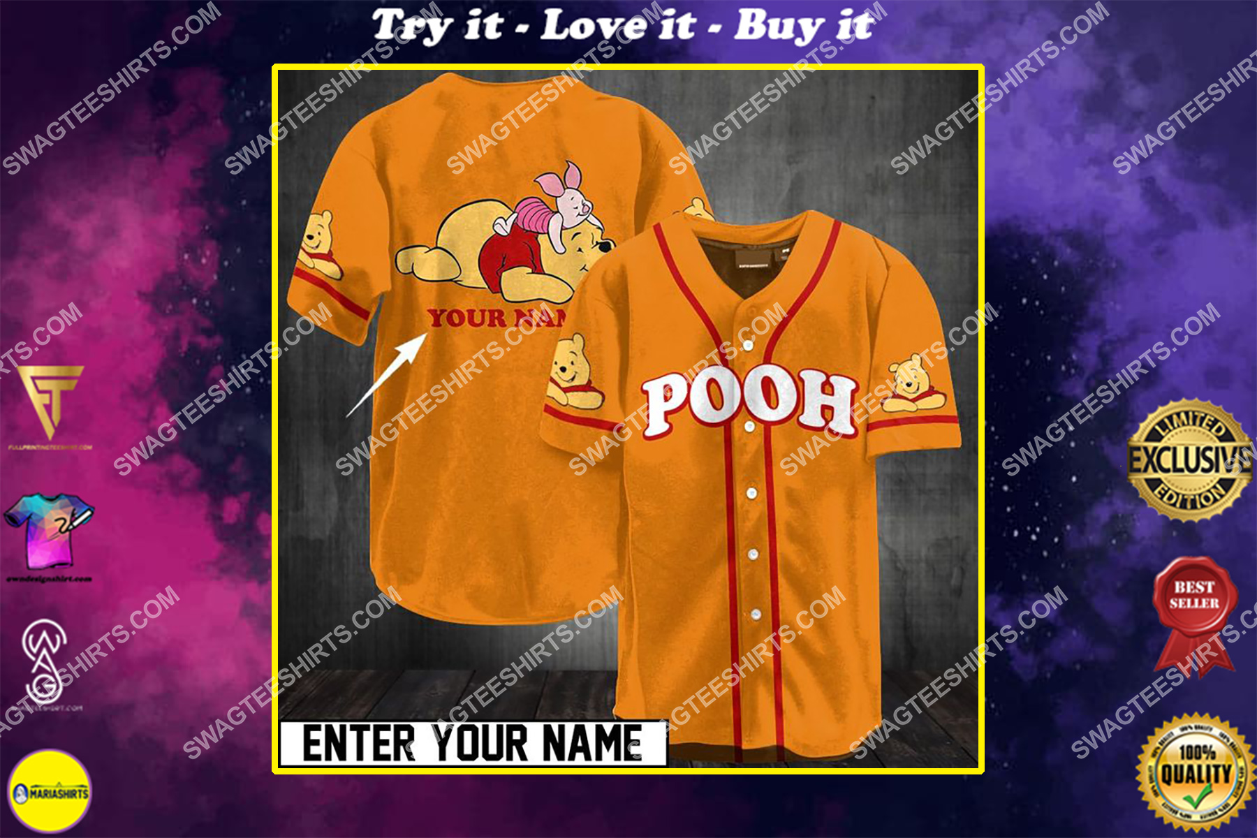 custom name winnie-the-pooh all over printed baseball shirt