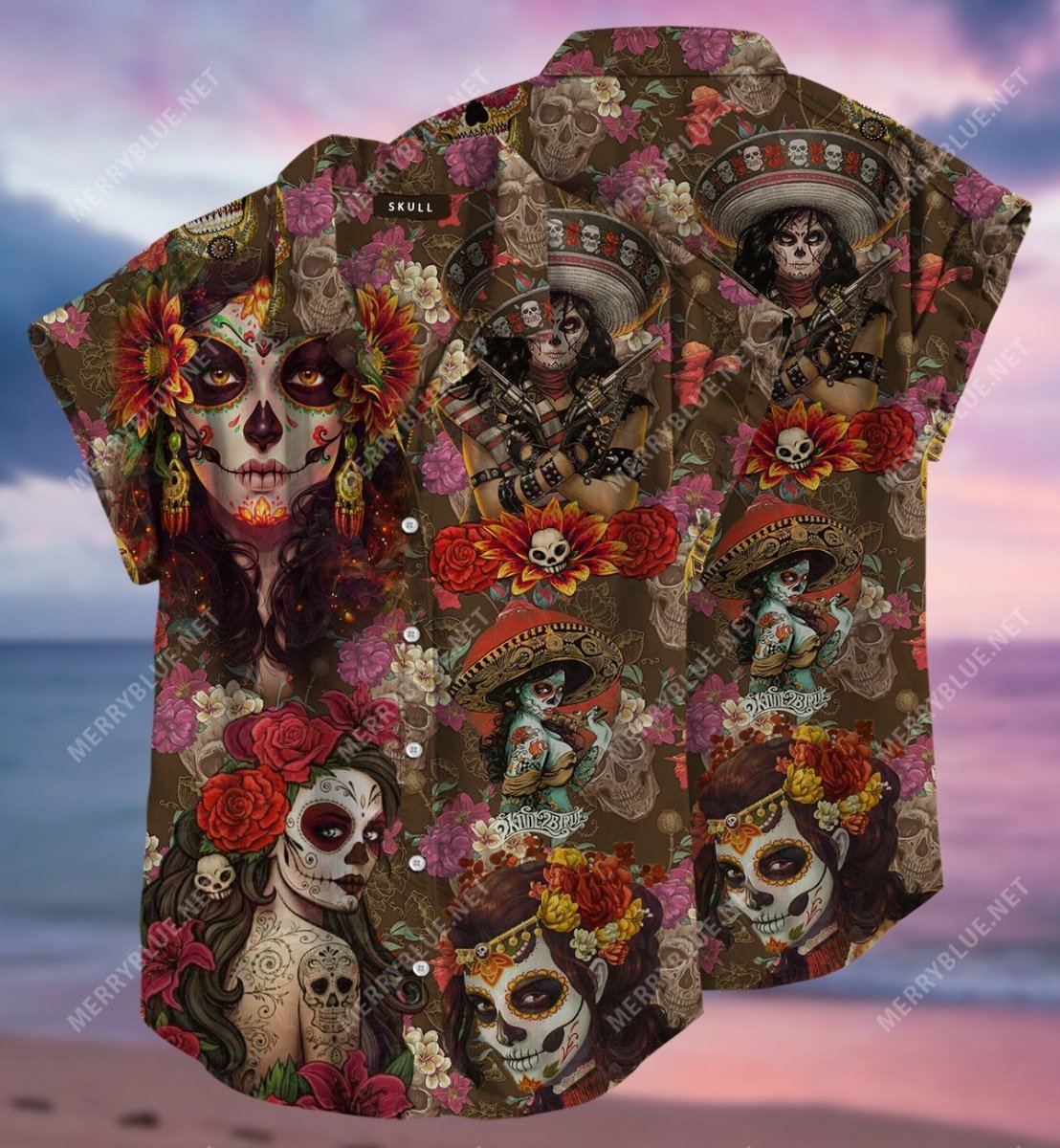 day of the dead sugar skull all over printed hawaiian shirt 2