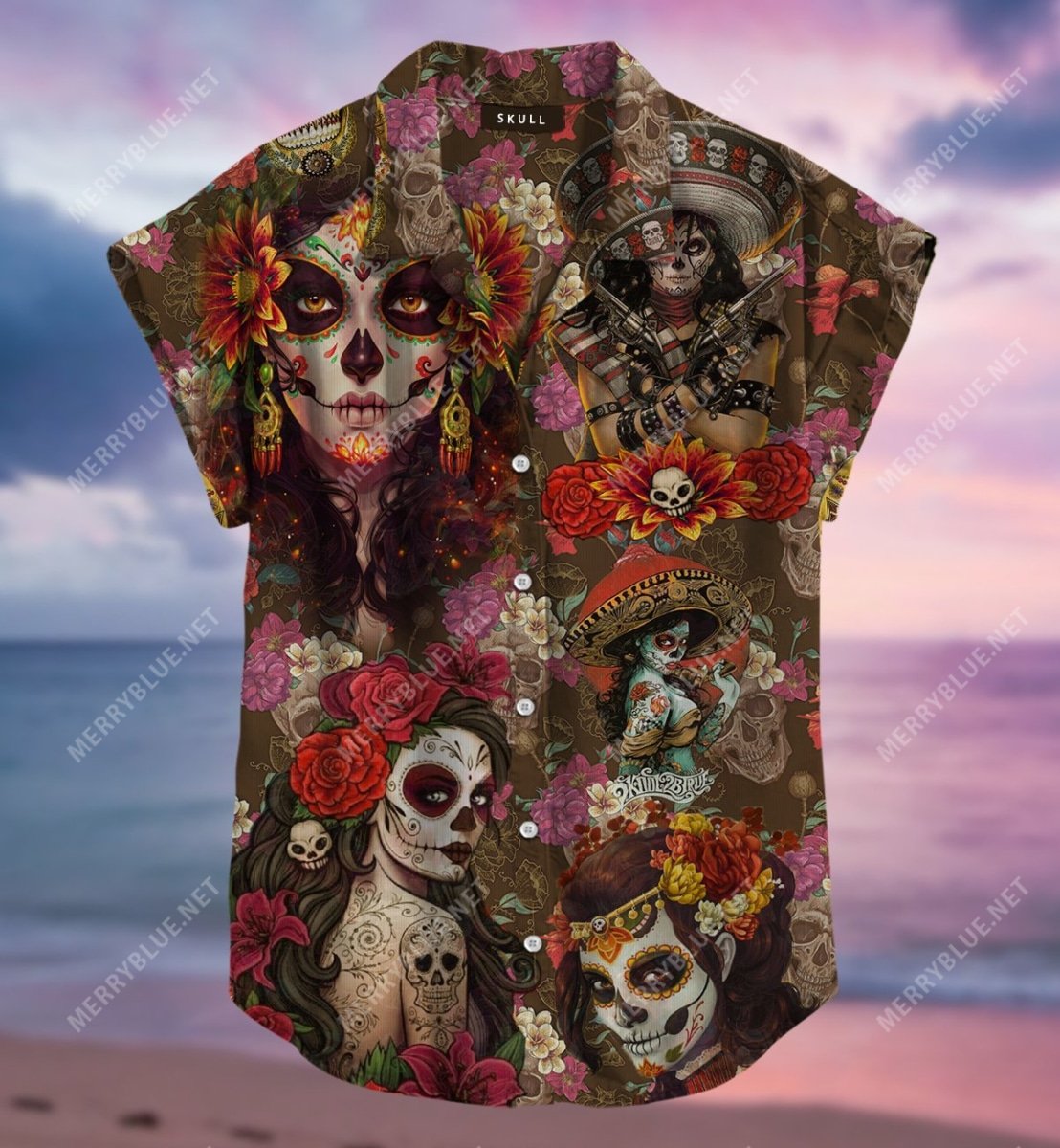day of the dead sugar skull all over printed hawaiian shirt 4
