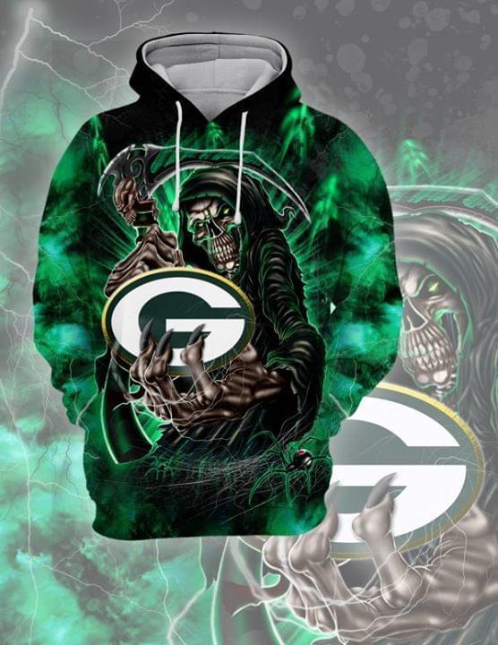 death skull green bay packers football team full over printed hoodie