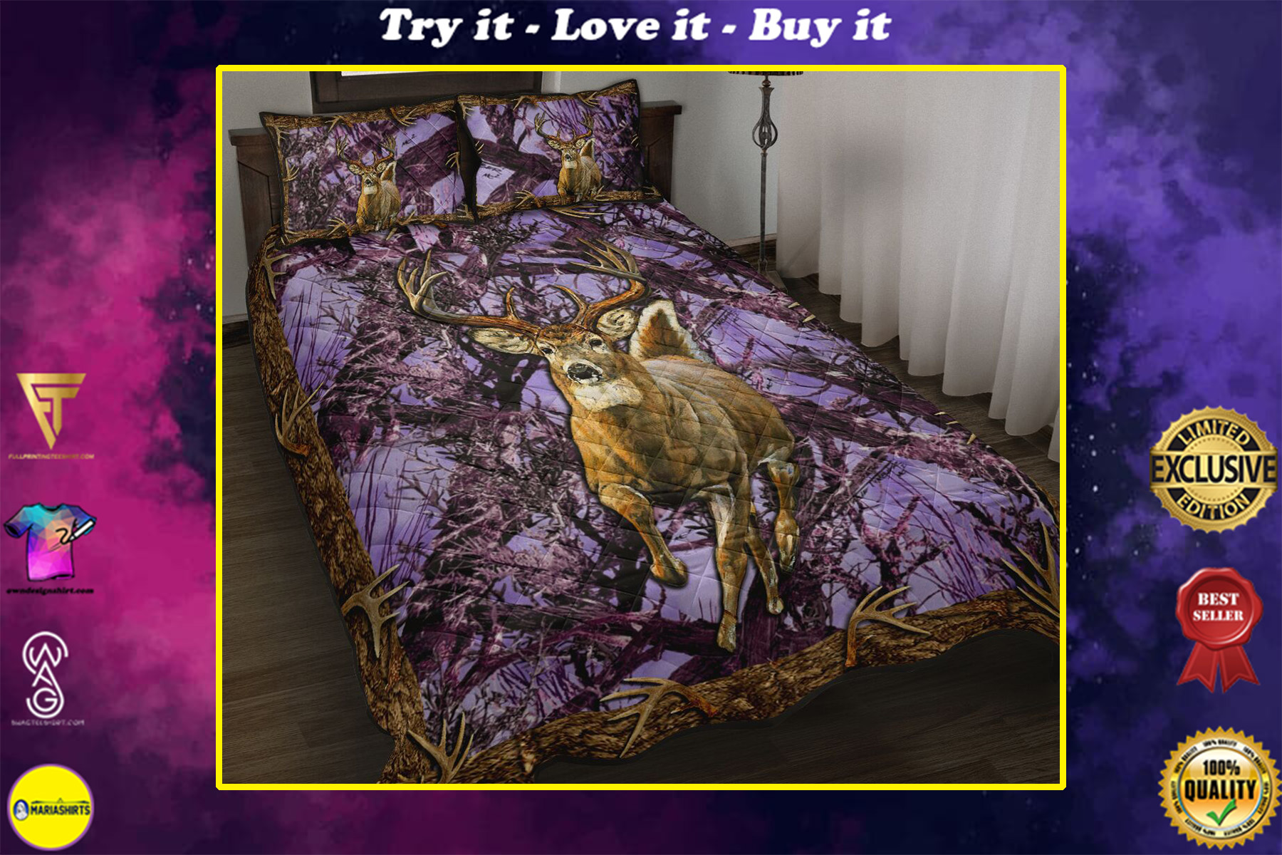 deer hunter love hunting purple full printing bedding set