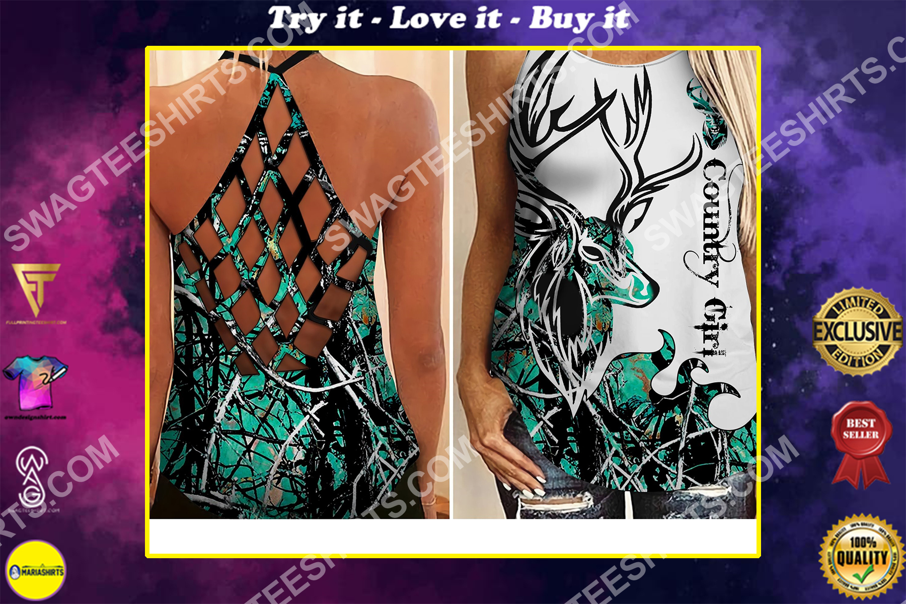 deer hunting country girl all over printed strappy back tank top