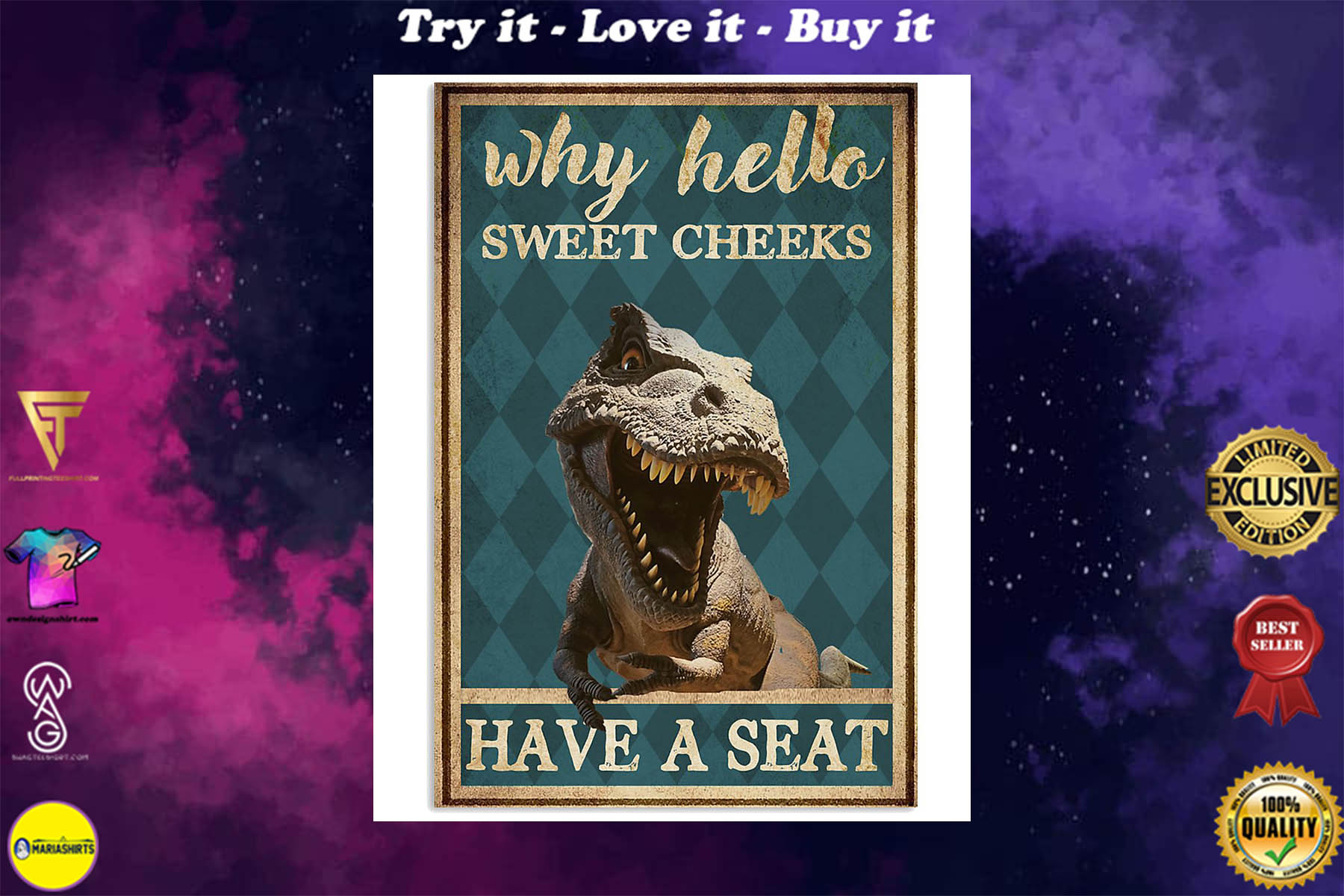 dinosaur why hello sweet cheeks have a seat retro poster