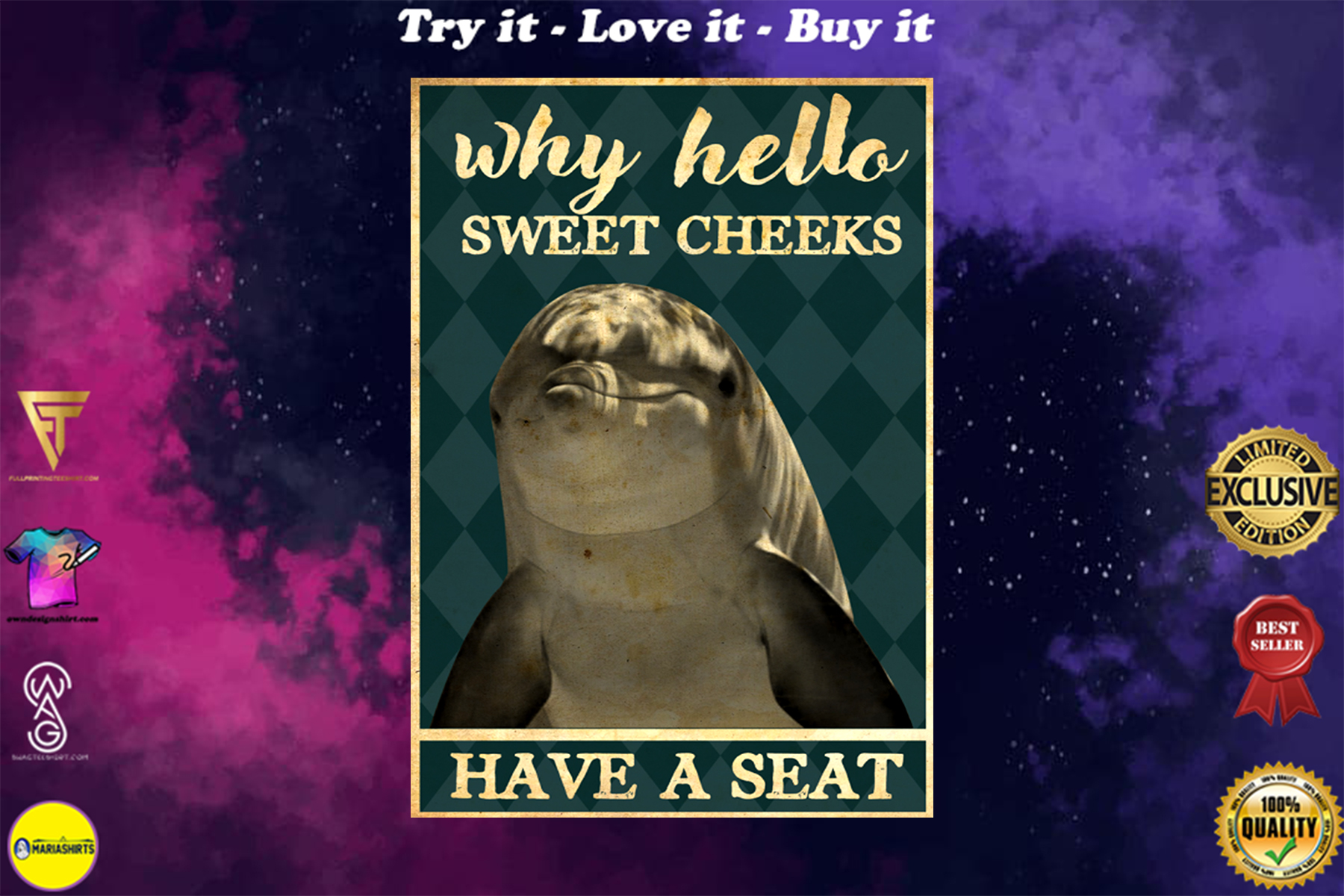 dolphin why hello sweet cheeks have a seat vintage poster